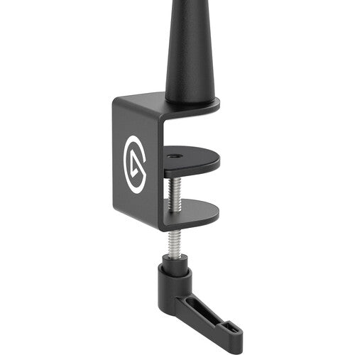 Elgato Wave Mic Arm for broadcast microphones, adjustable metal arm with mounting clamp and flexible positioning.