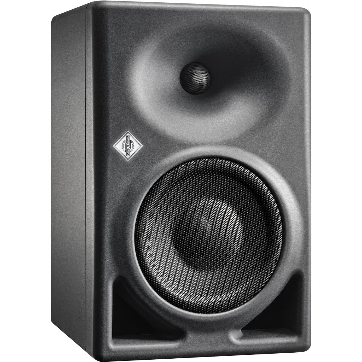 Neumann KH 150 active nearfield monitors with sleek black cabinets and detailed speaker drivers for professional audio monitoring.