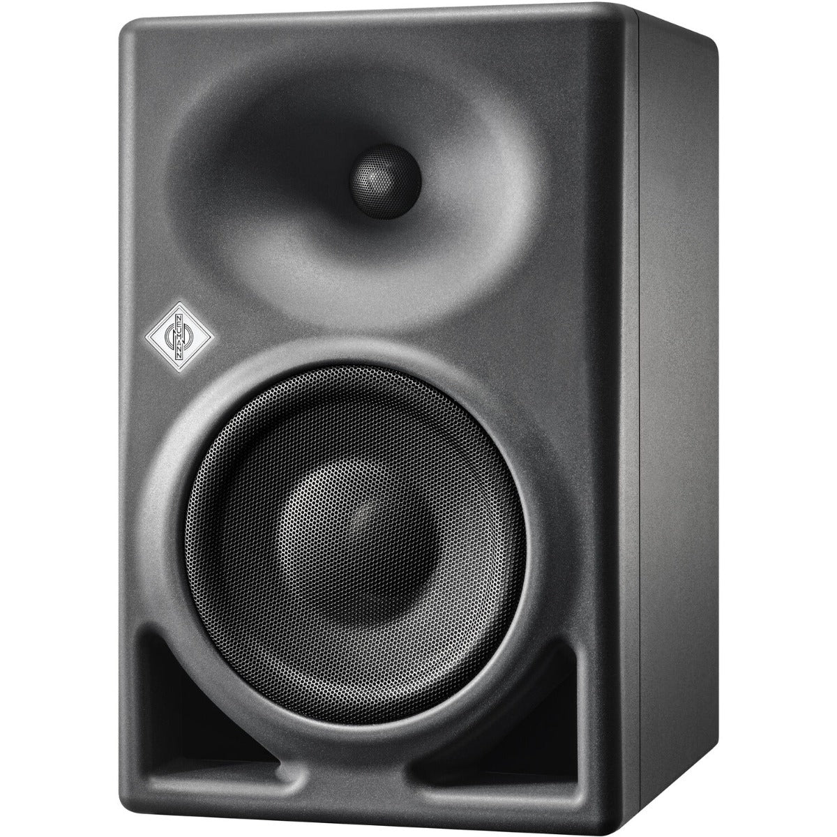 Neumann KH 150 active nearfield monitor speaker displayed on a stand with a black finish and detailed controls.