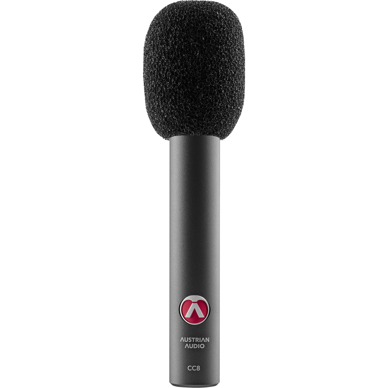 Austrian Audio CC8 condenser microphone with a black body and silver grille, positioned on a stand against a dark background.