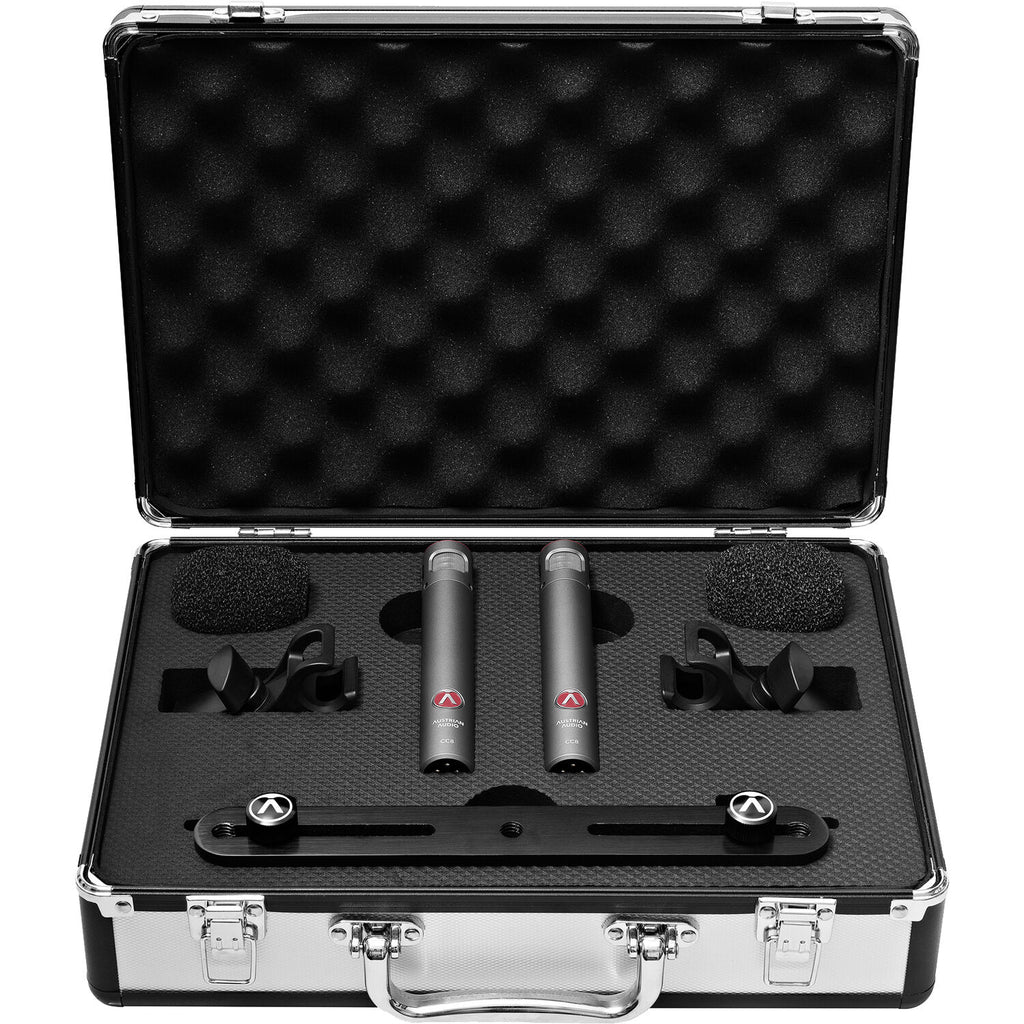Austrian Audio CC8 stereo condenser microphones set with dual microphones and accessories on a stand.
