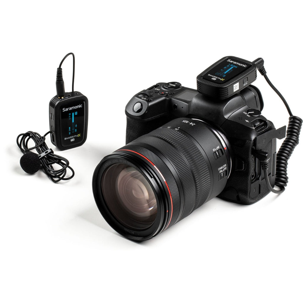 Saramonic Blink500 ProX B1 creator wireless microphone system with transmitter and receiver on a plain background