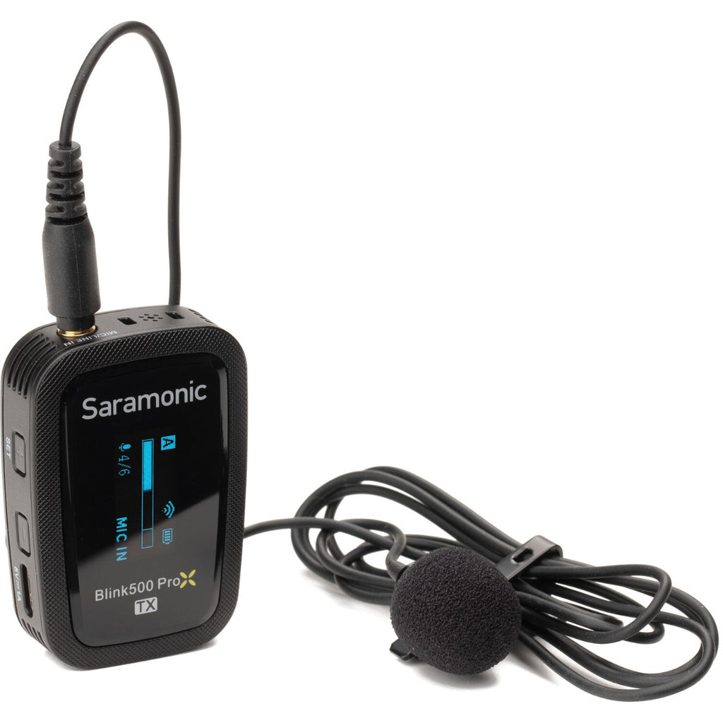 Wireless microphone system from Saramonic Blink500 ProX B2 for creators, featuring compact transmitter and receiver units.