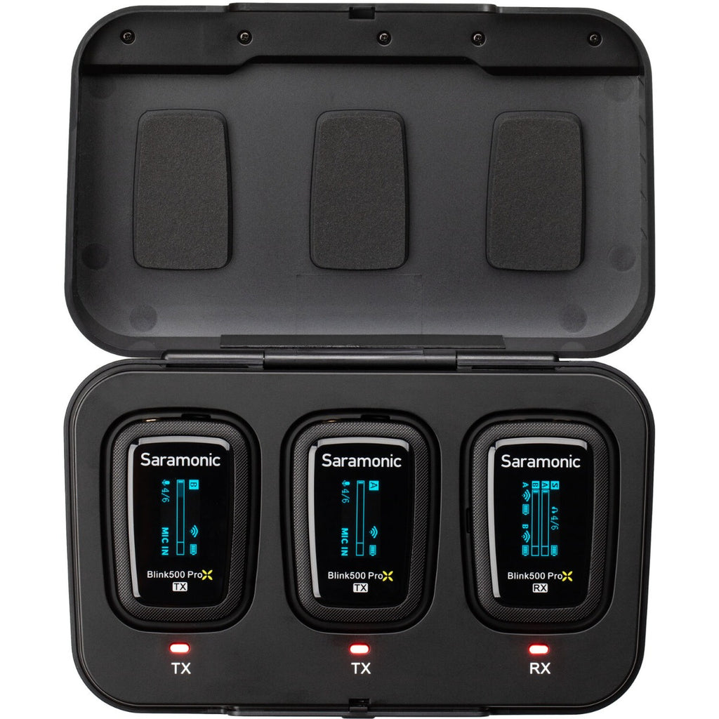 Saramonic Blink500 ProX B2 wireless microphone system for creators, showing the compact receiver and transmitters.