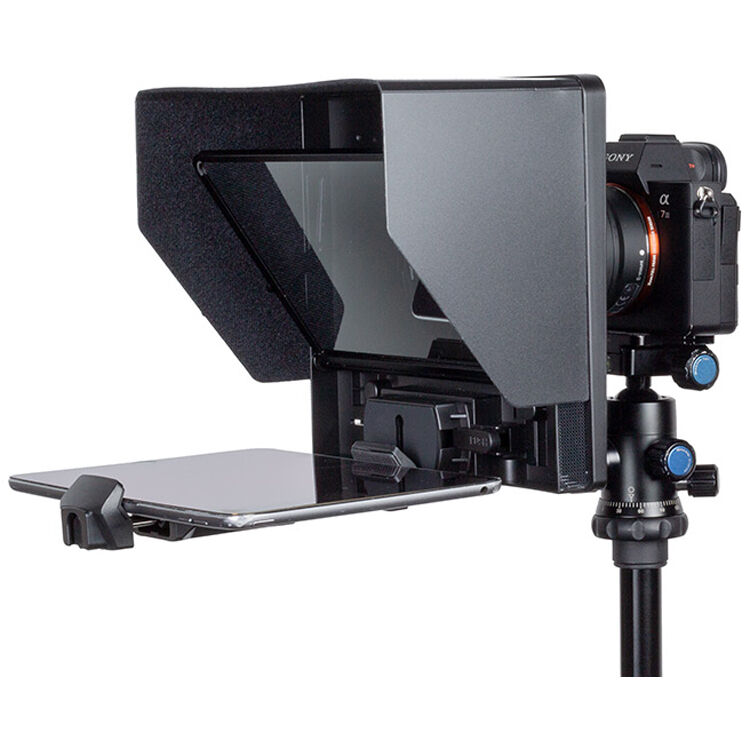 Feelworld TP10 portable 10-inch folding teleprompter for DSLR cameras with clear screen and adjustable support stand.