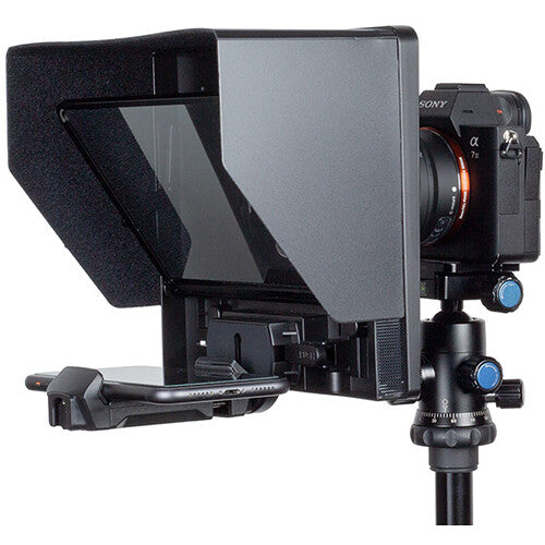 Feelworld TP10 portable 10-inch folding teleprompter for DSLR cameras with clear reflective screen and adjustable mount.
