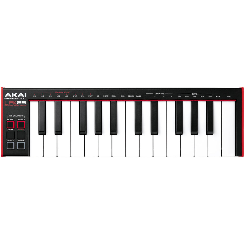 Akai Professional LPK25 MK2 MIDI keyboard with 25 keys, compact design, and control buttons for music production.