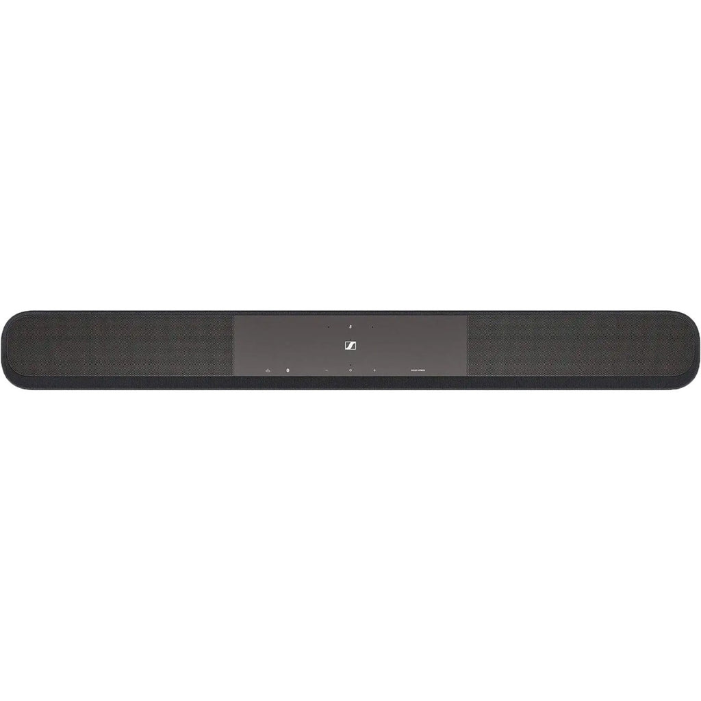 Sennheiser Ambeo Soundbar Plus with sleek black design and multiple speaker drivers for immersive TV sound.