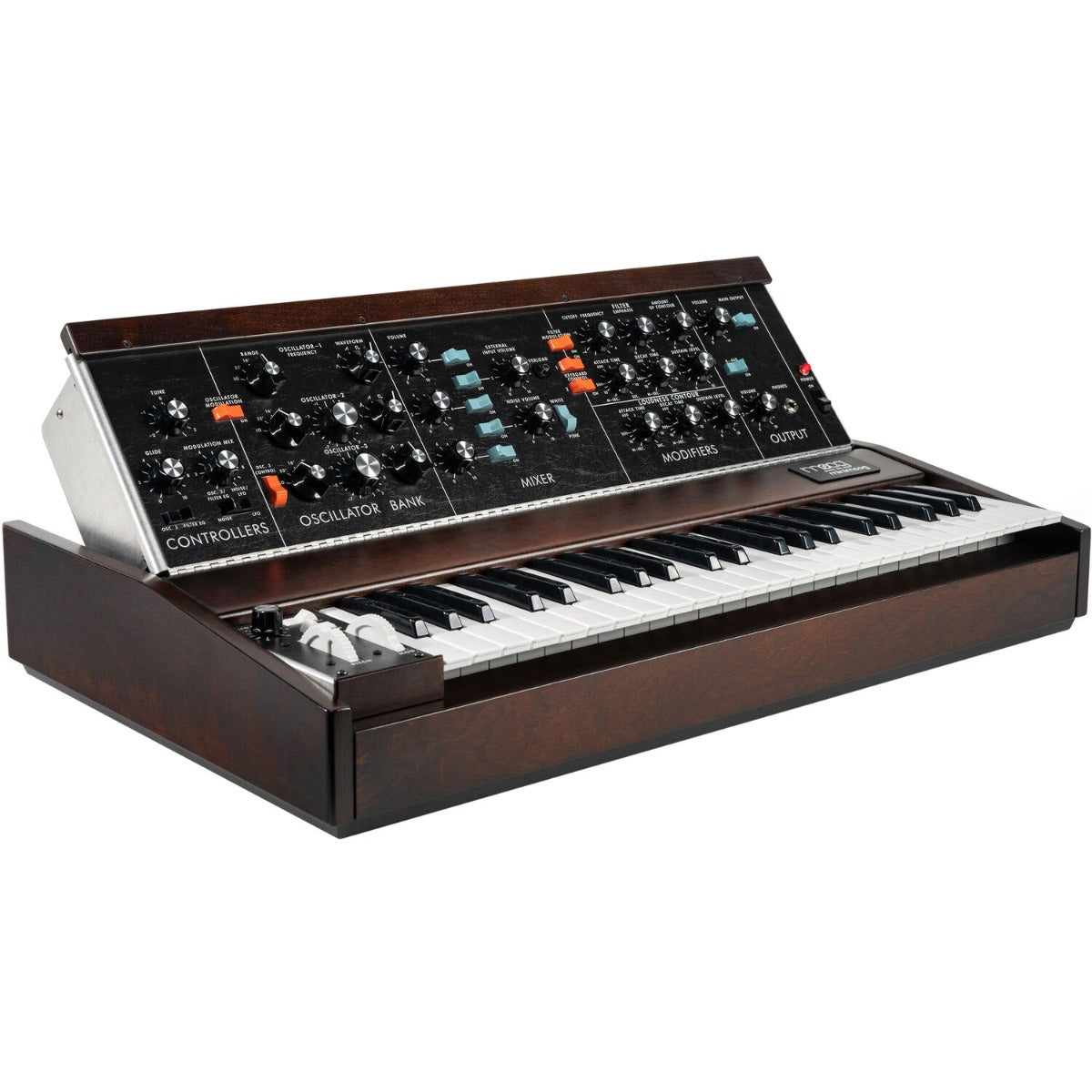 Moog Minimoog Model D synthesizer with vintage-style control panel and keyboard, showcasing classic analog music equipment.