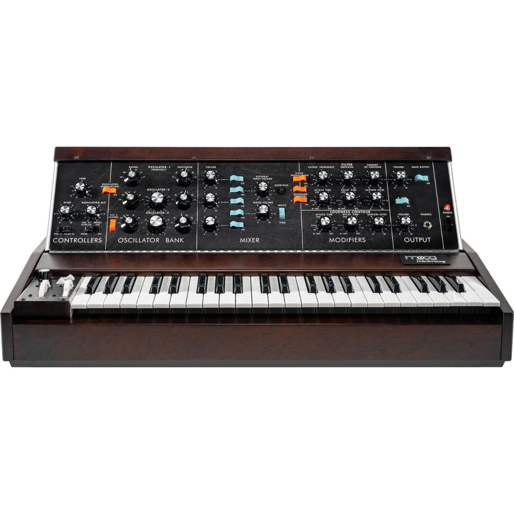 Moog Minimoog Model D synthesizer with control knobs and keyboard, classic analog synth for music production.