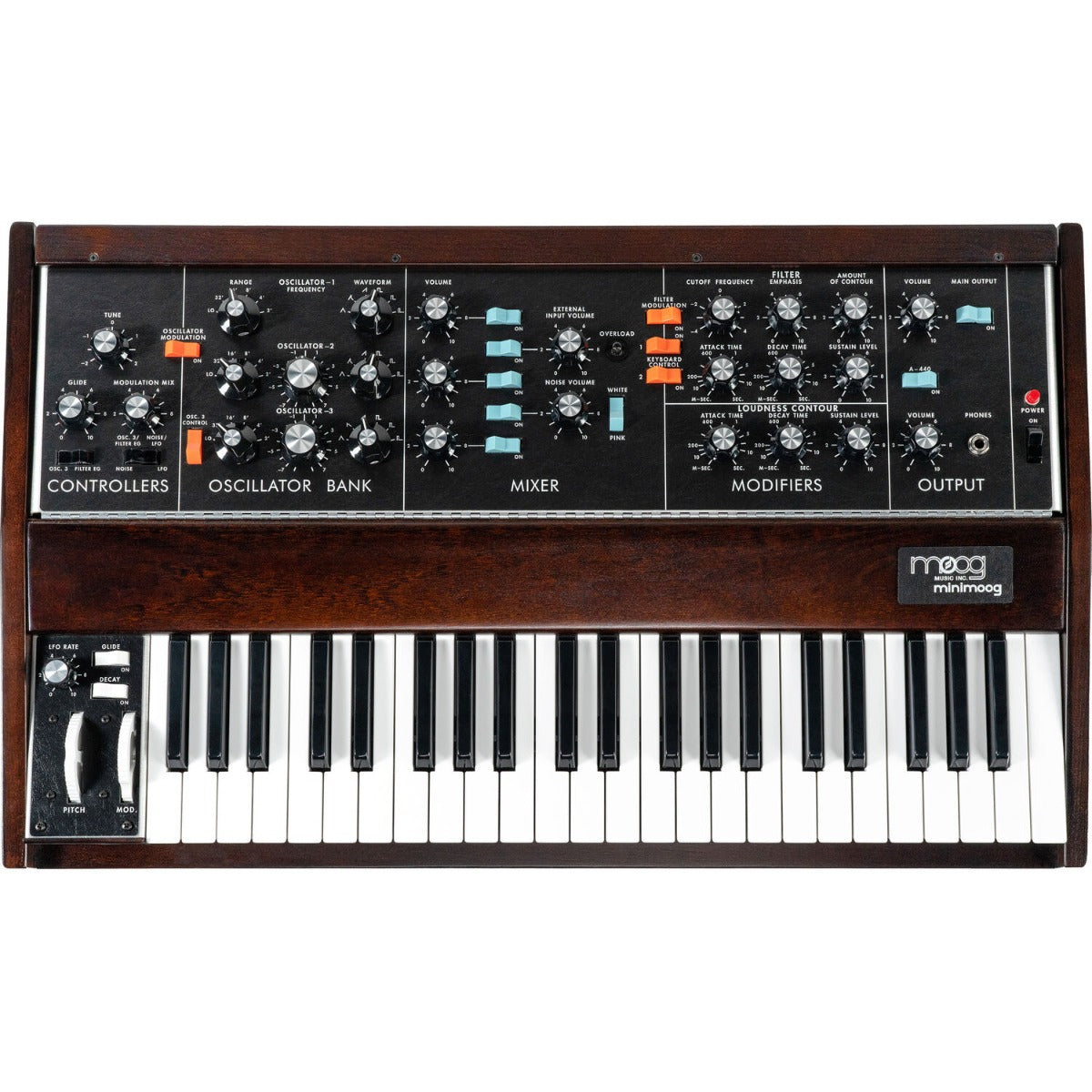 Moog Minimoog Model D synthesizer with vintage-style control panel and keyboard, detailed close-up of analog synth hardware.