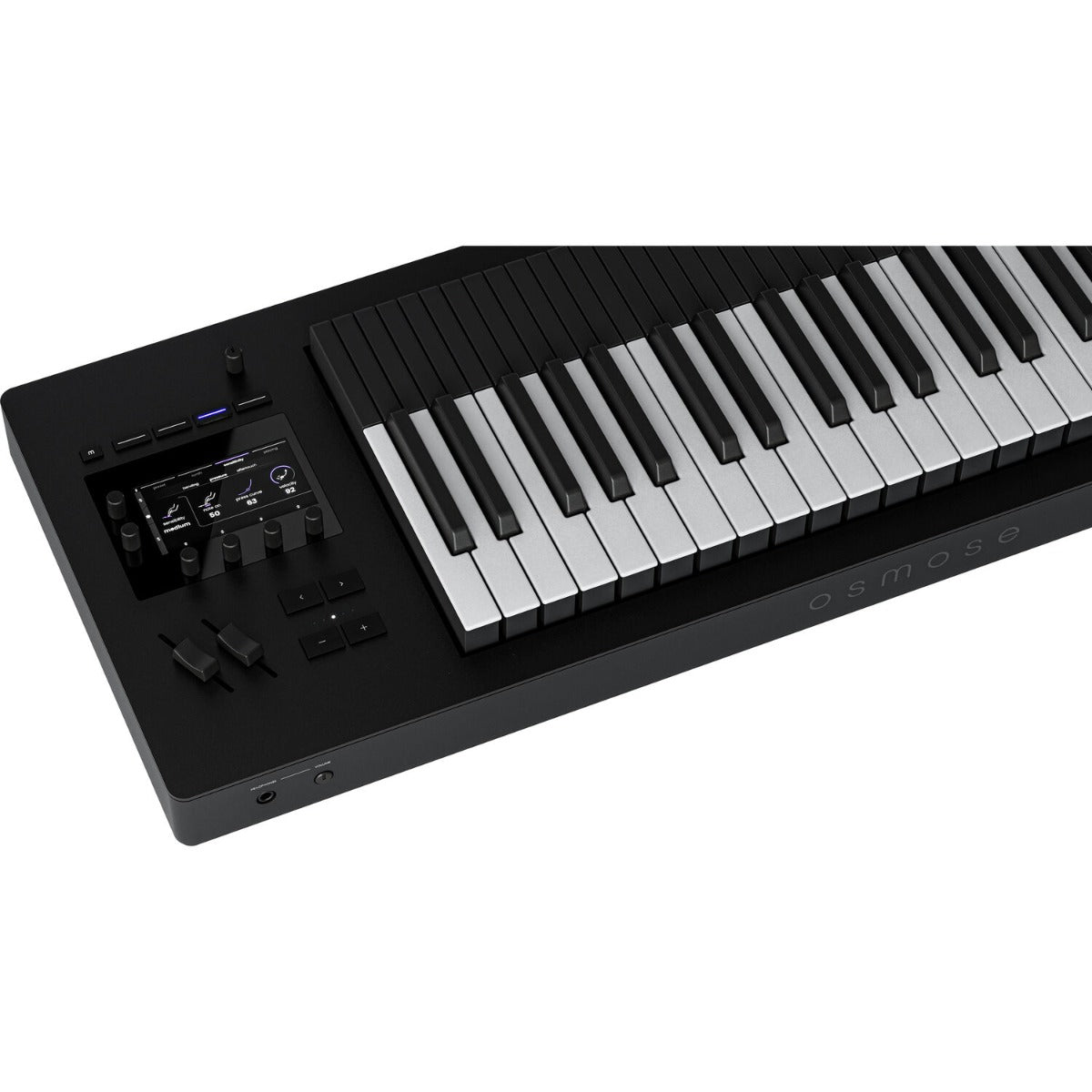 Expressive E Osmose 49 synthesizer with a sleek black keyboard and control panel, ideal for music production and sound design.