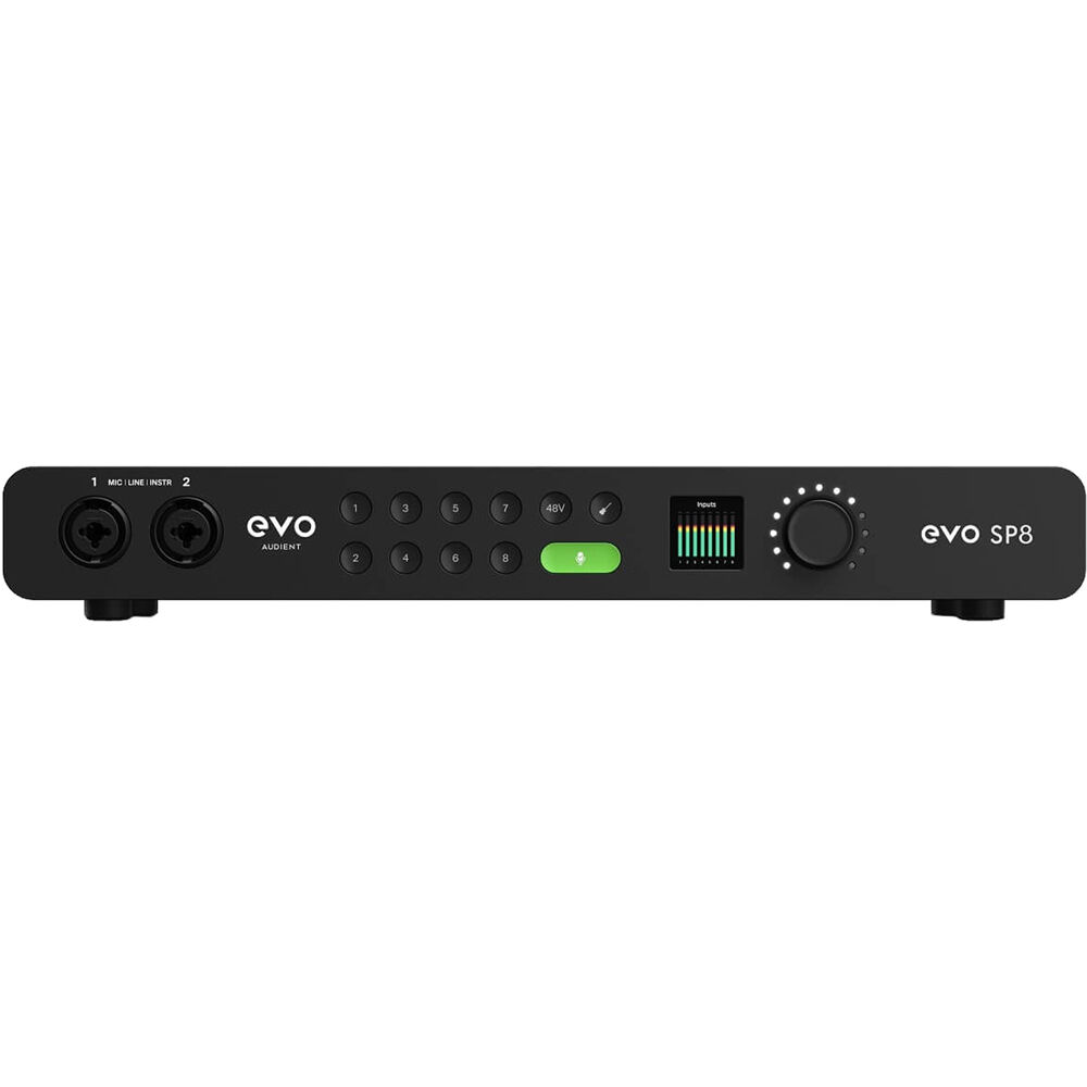 Audient EVO SP8 microphone preamp with multiple input channels and control knobs, professional audio equipment for recording.