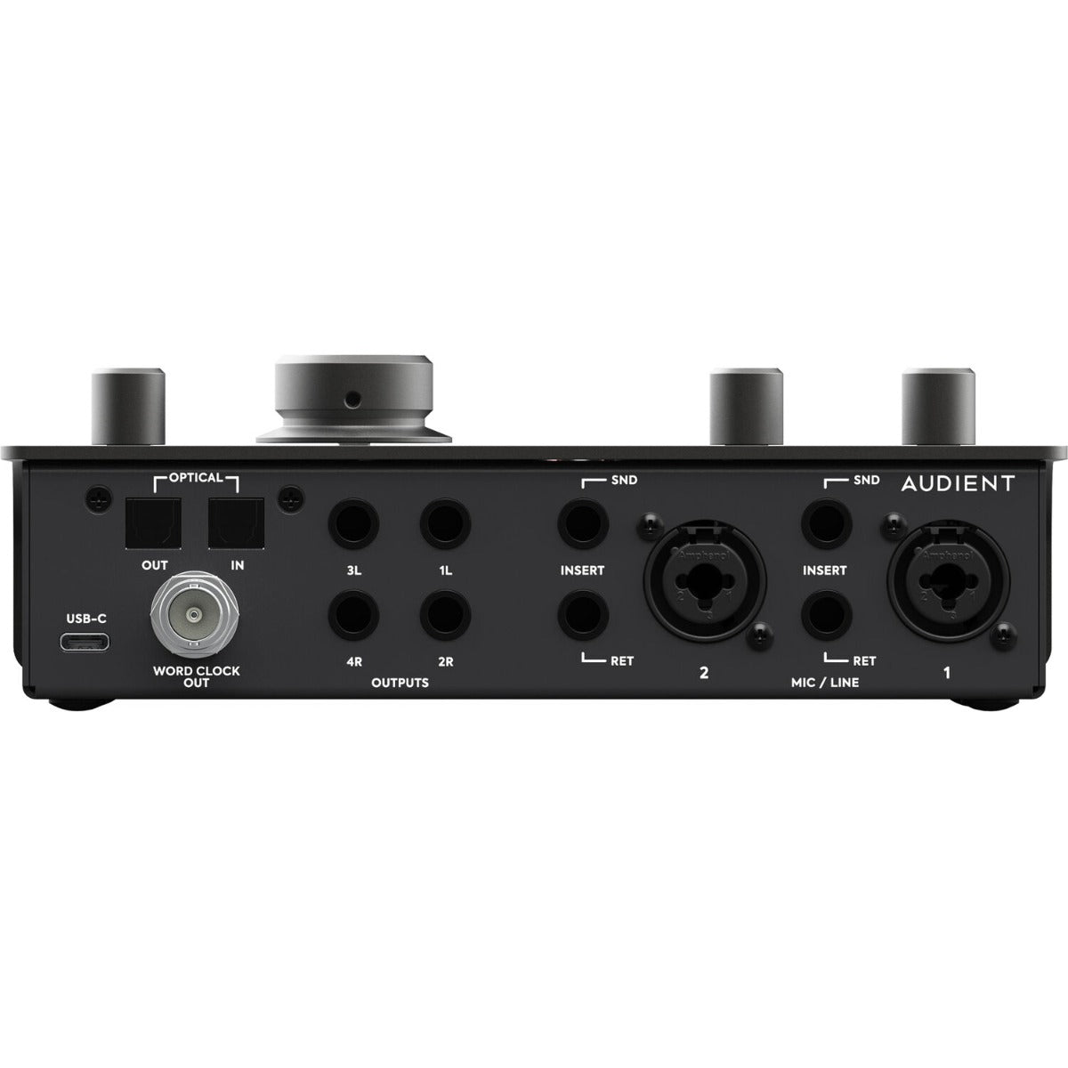 Audient iD24 audio interface with multiple input and output ports, compact design, and professional audio equipment features.