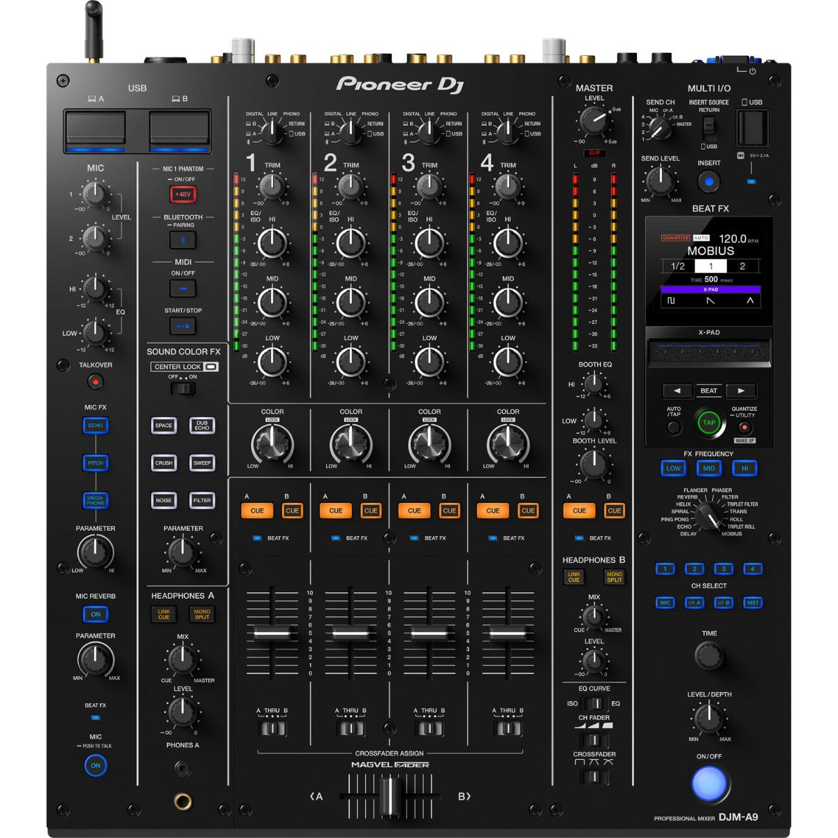 Pioneer DJ DJM-A9 professional DJ mixer with multiple channels, knobs, and colorful LED displays for live music mixing.