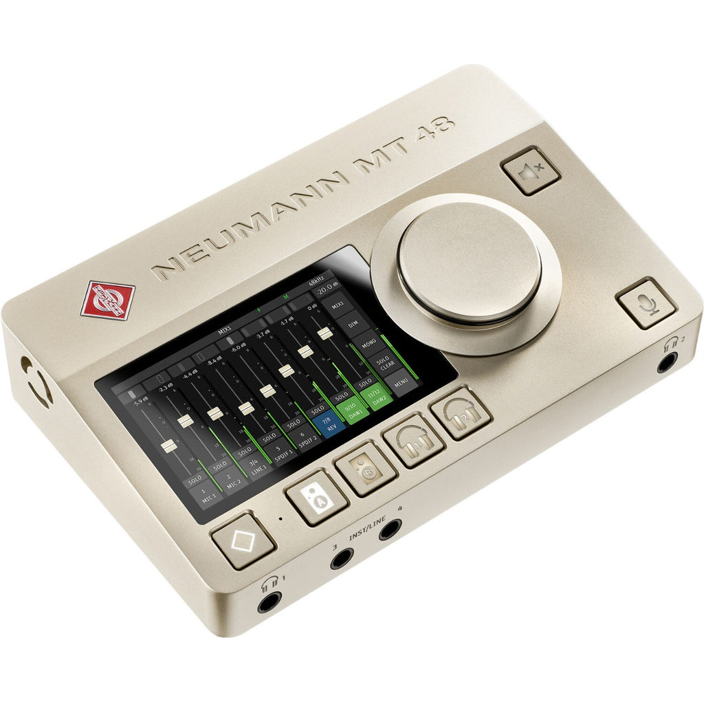 Neumann MT 48 audio interface with multiple input and output ports, sleek design, and professional-grade features.