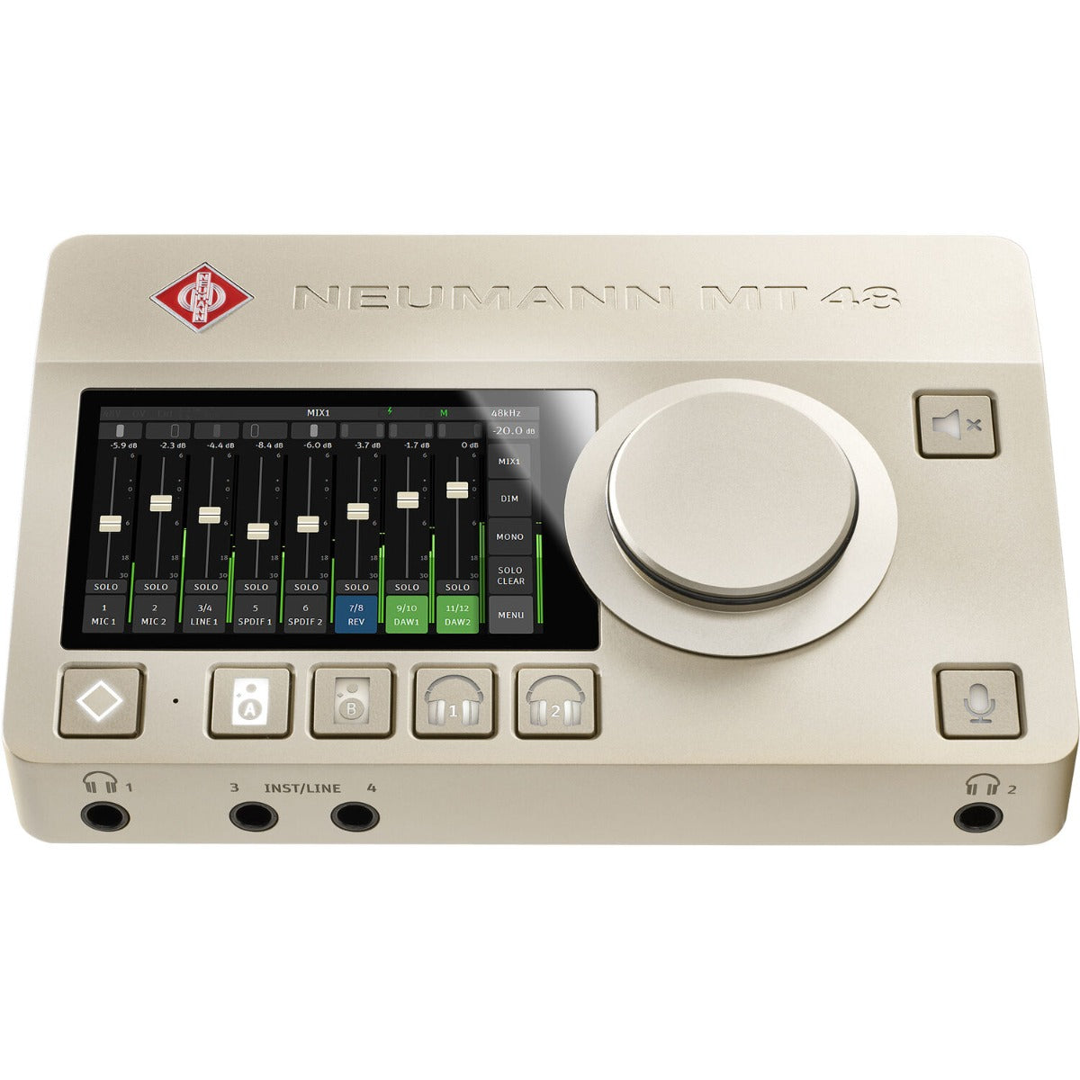 Neumann MT 48 audio interface with multiple input and output ports, compact design, and professional-grade build.
