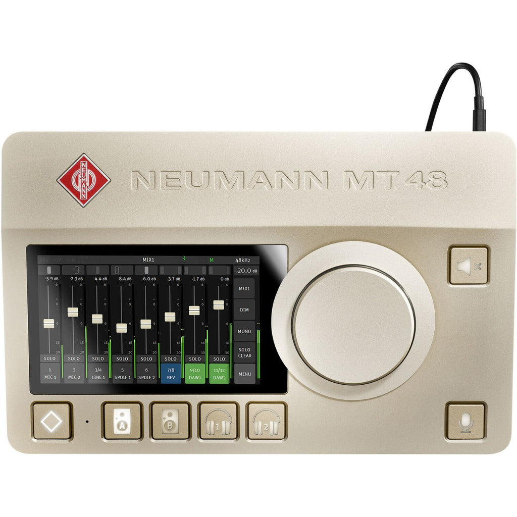 Neumann MT 48 audio interface with multiple input ports and control knobs, designed for professional music recording.