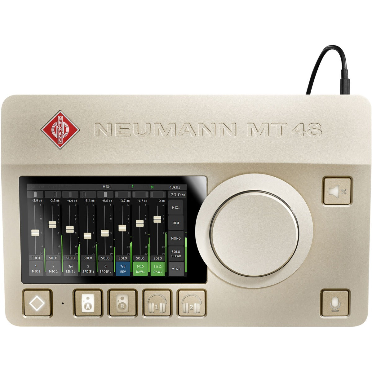 Neumann MT 48 audio interface with multiple input ports and control knobs, designed for professional music recording.