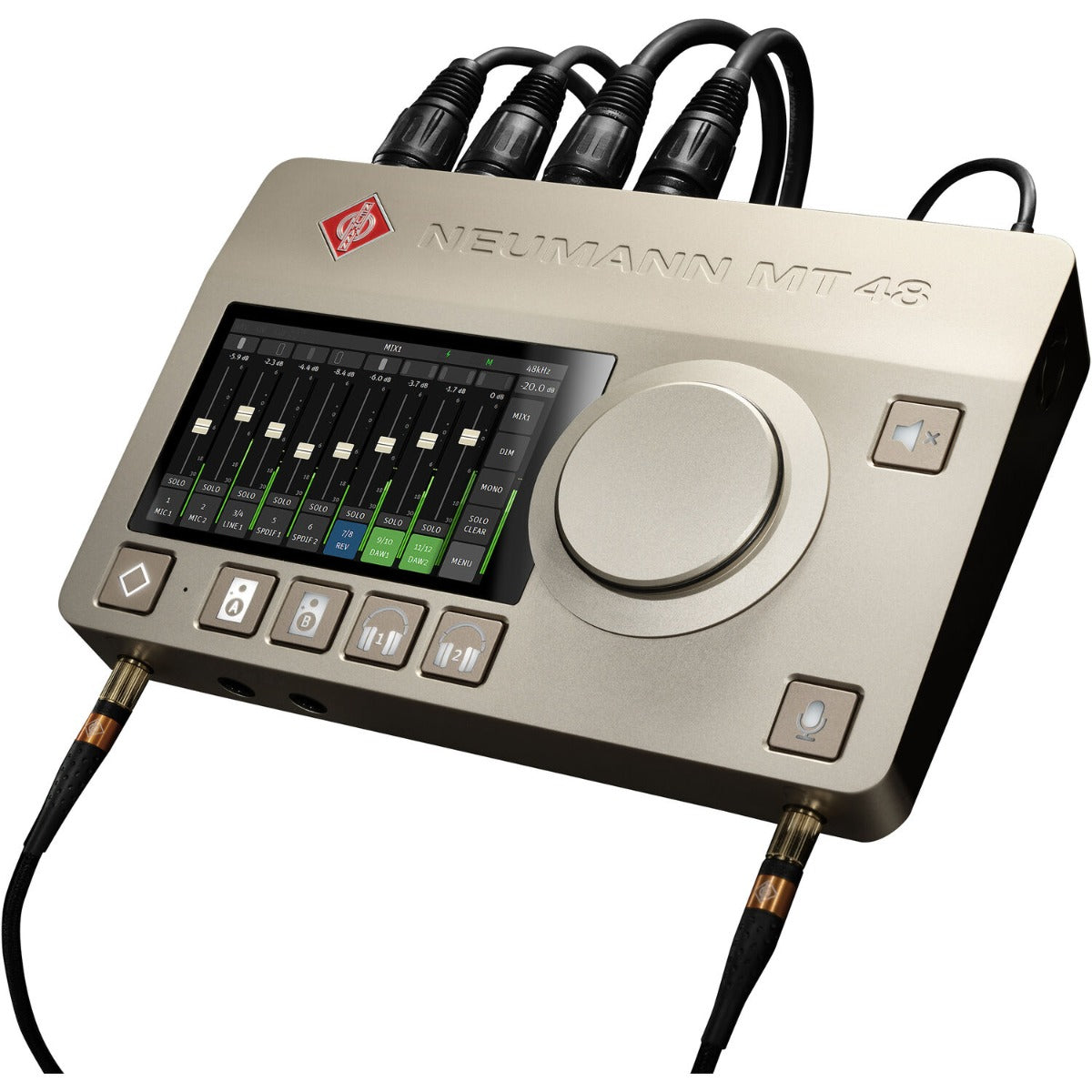Neumann MT 48 audio interface with multiple input and output ports, compact design, and professional audio equipment features.