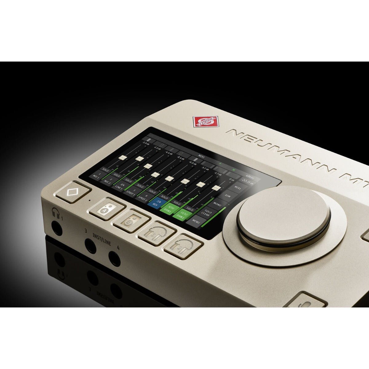 Neumann MT 48 audio interface with multiple input and output ports, compact design, and professional audio equipment features.