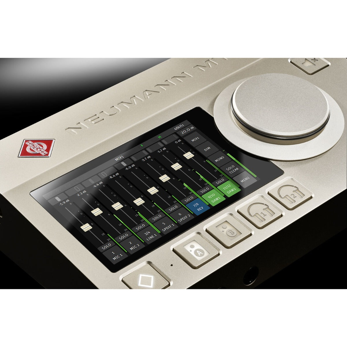 Neumann MT 48 audio interface with multiple input and output ports, digital display, and sleek black design.