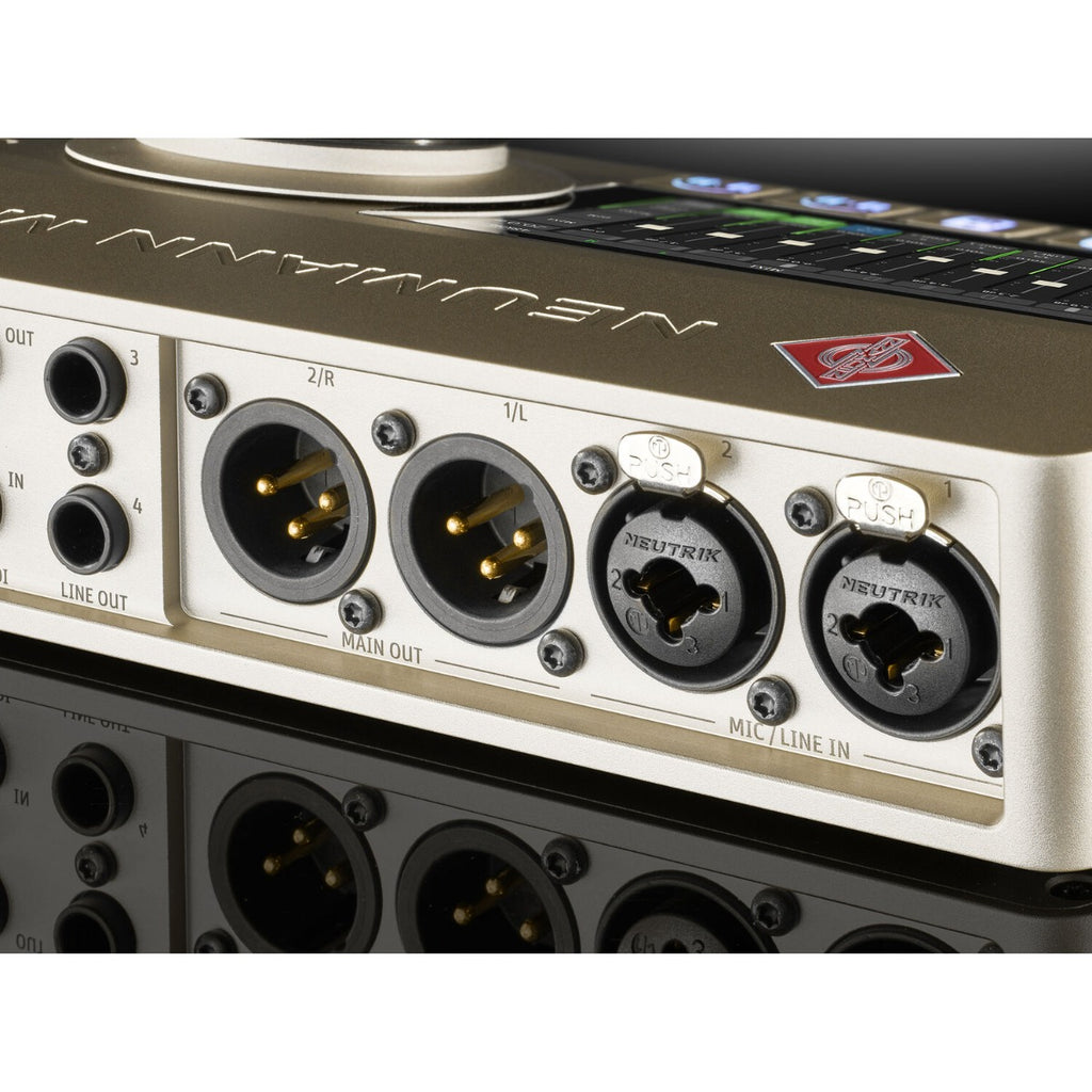 Neumann MT 48 audio interface with multiple input and output ports, compact design, and professional audio equipment features