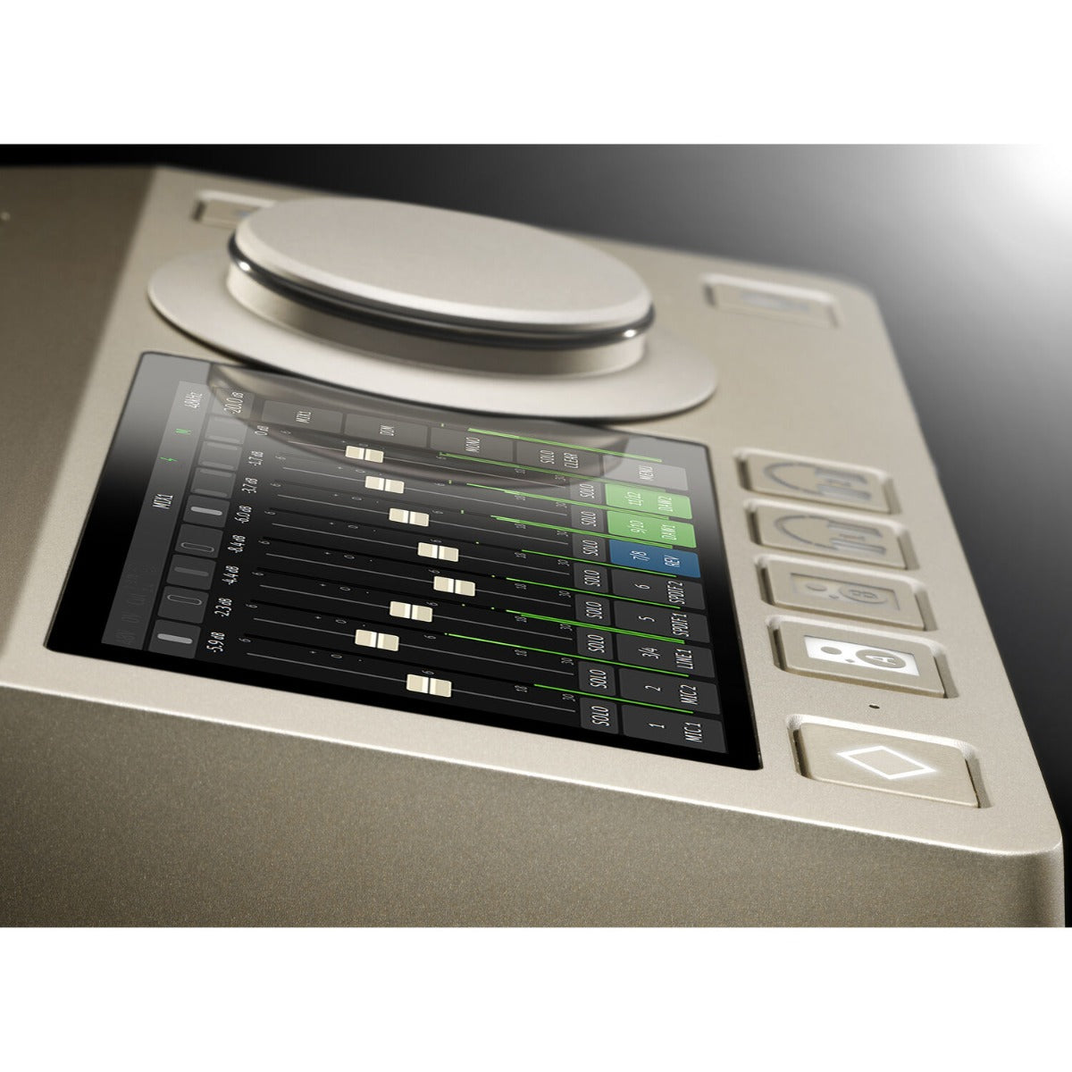 Neumann MT 48 audio interface with multiple input ports and control knobs, black metal casing, and digital display.