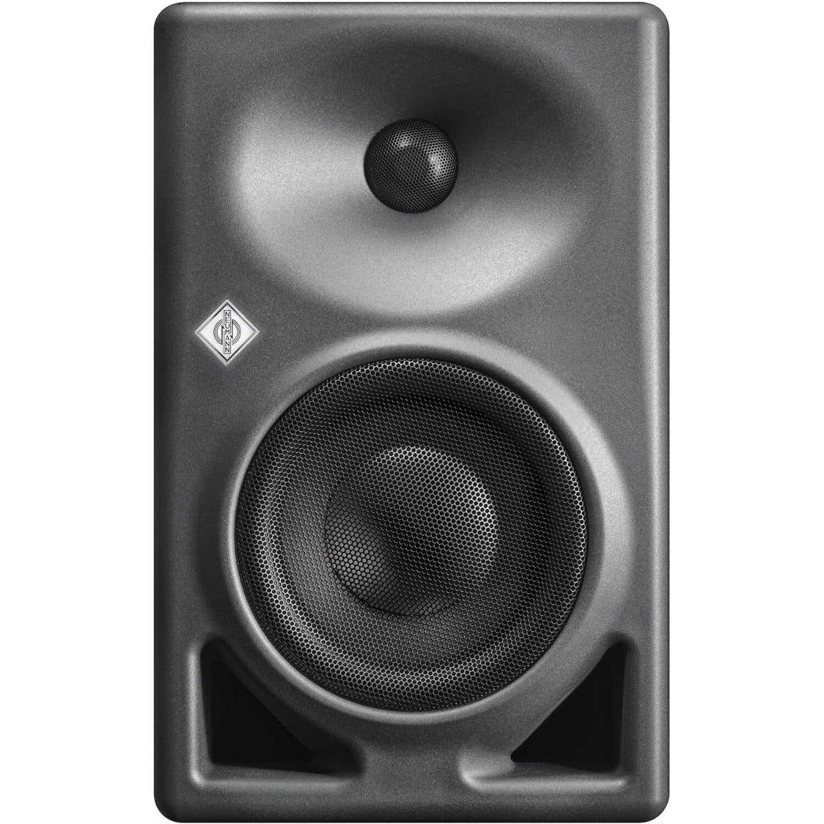 Neumann KH 120 II active nearfield monitors shown with sleek black speaker cabinets and control knobs visible.