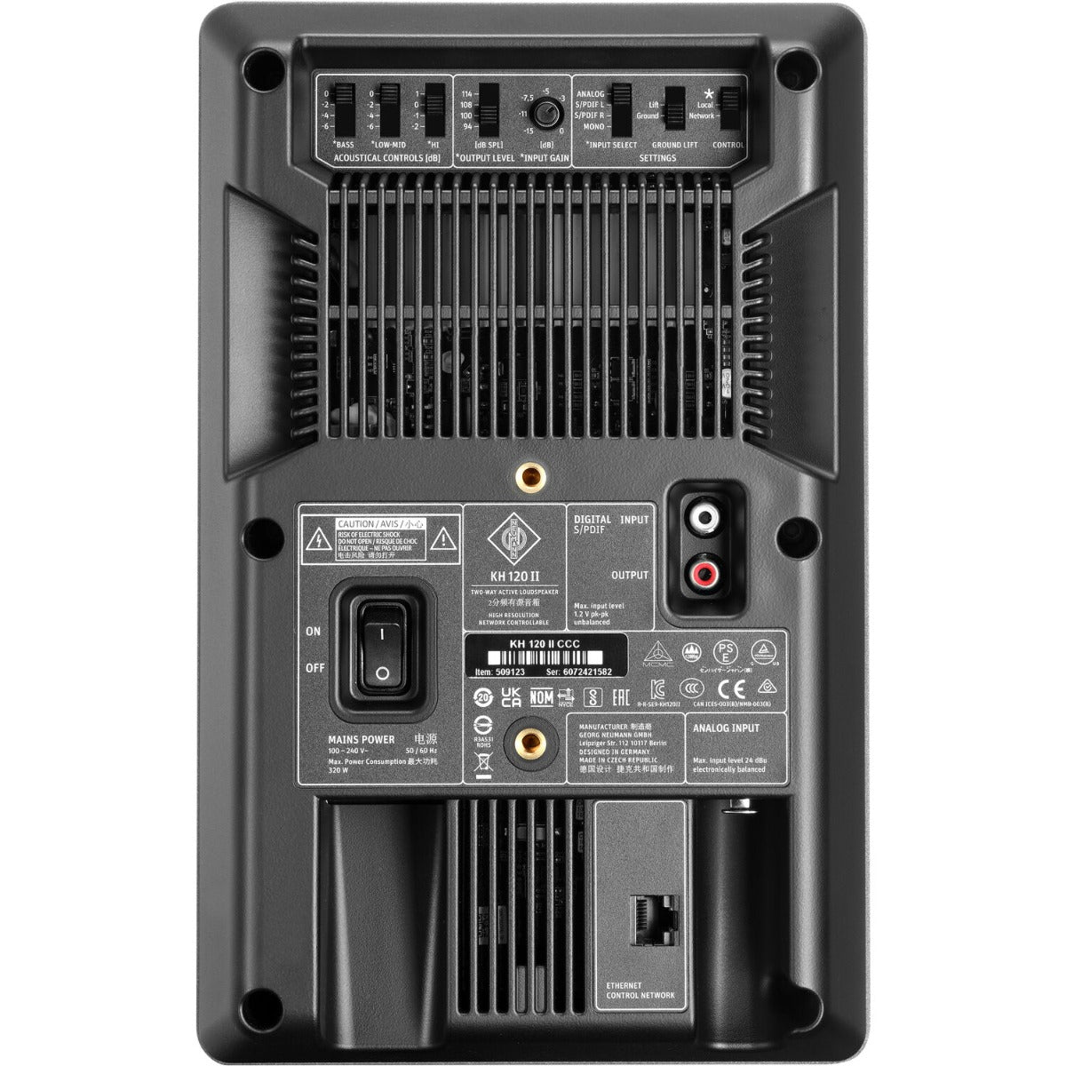 Neumann KH 120 II active nearfield monitors with black speaker cabinets and front-facing drivers on a studio desk.
