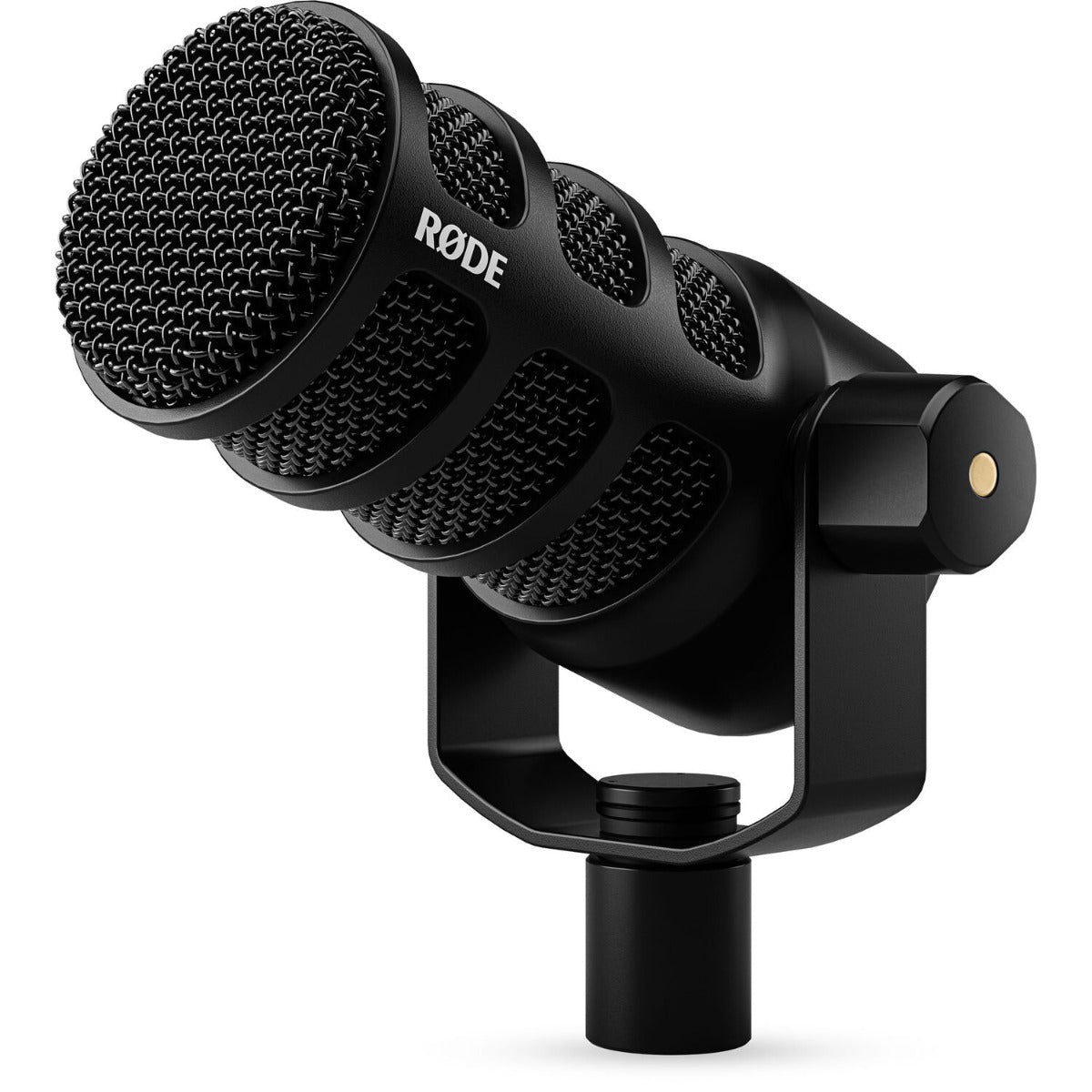 Rode Podmic USB microphone with black cylindrical body and metal grille for high-quality recording and podcasting.