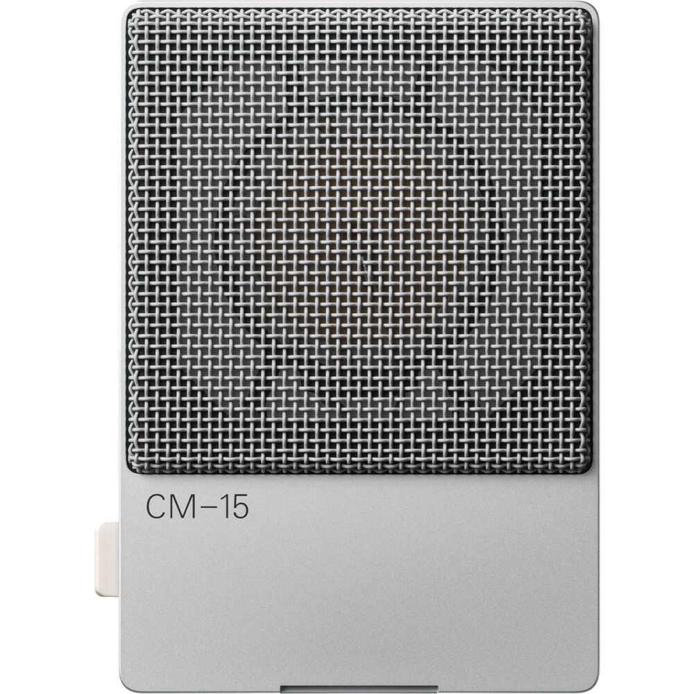 Teenage Engineering CM-15 condenser microphone with sleek black body and adjustable stand, designed for high-quality audio recording.