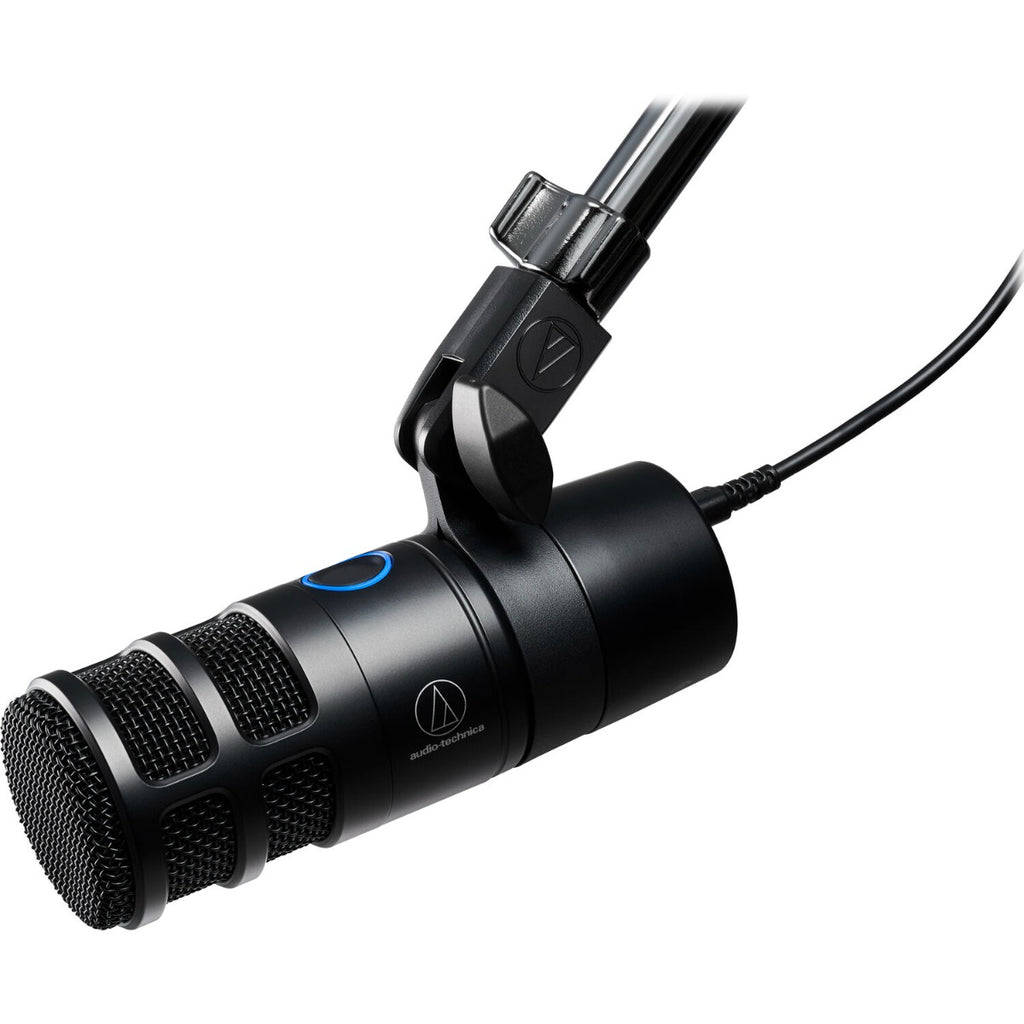 Audio Technica AT2040USB USB microphone on a stand, with a black body and metal grille, ideal for podcasting and streaming.