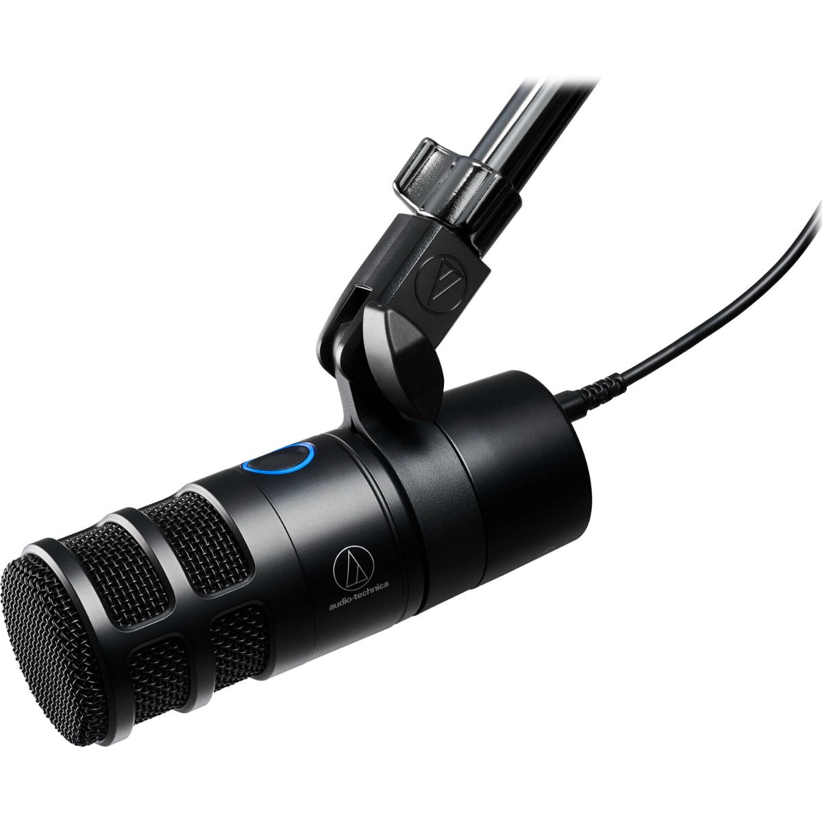 Audio Technica AT2040USB USB microphone on a stand, with a black body and metal grille, ideal for podcasting and streaming.