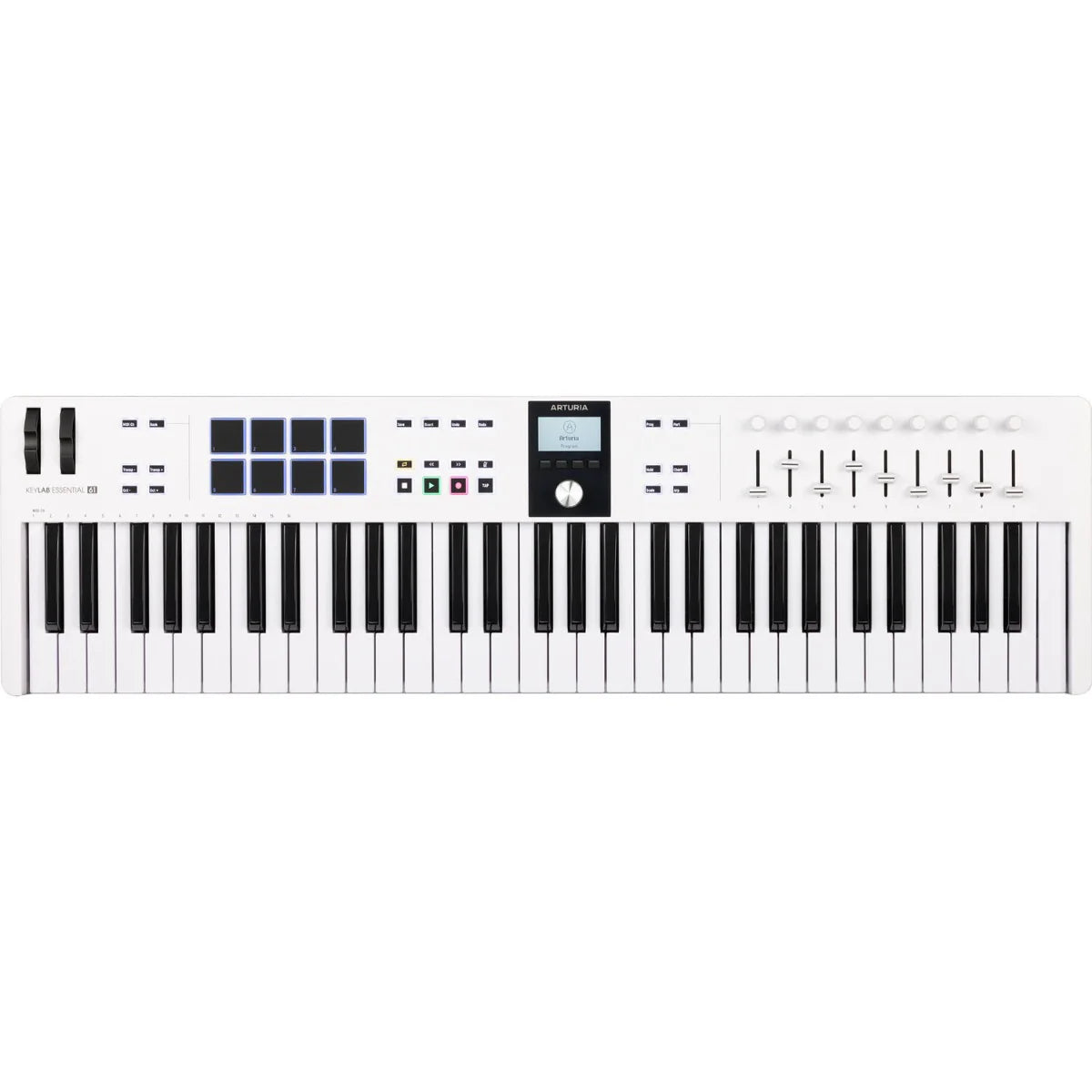 Arturia KeyLab Essential 61 MK3 MIDI keyboard with 61 keys, control knobs, and software integration for music production.