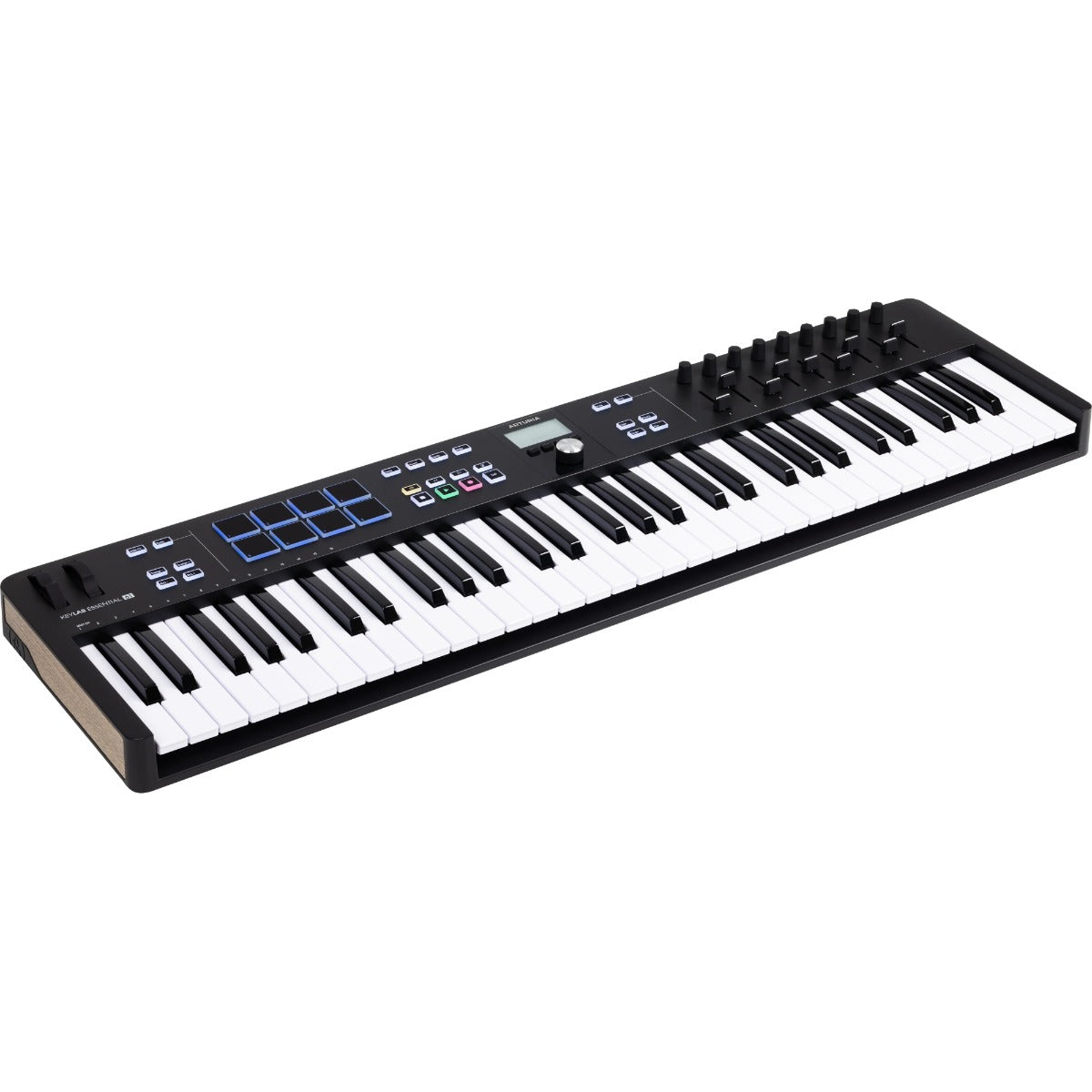 Arturia KeyLab Essential 61 MK3 MIDI keyboard with black keys and control knobs, designed for music production.