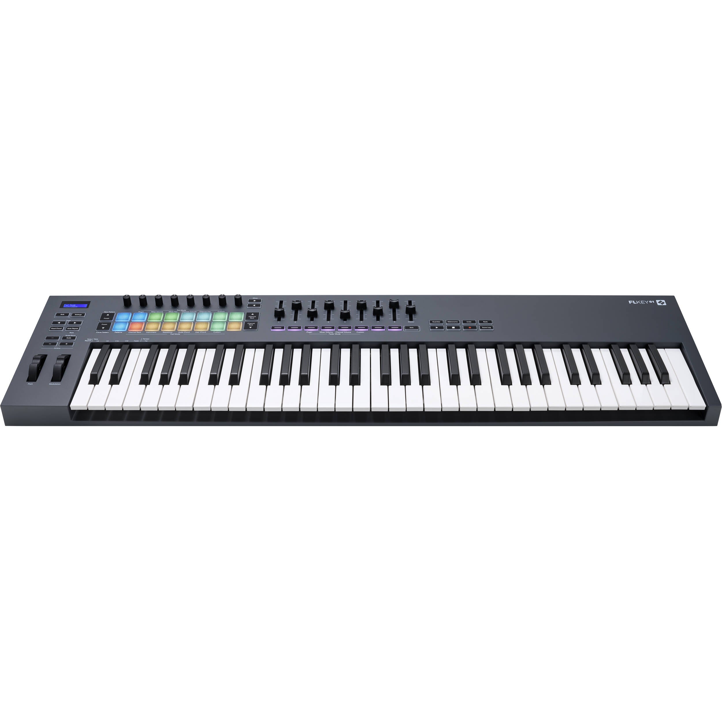 Novation FLkey 61 MIDI keyboard with black keys, control knobs, and a compact design for music production and performance.