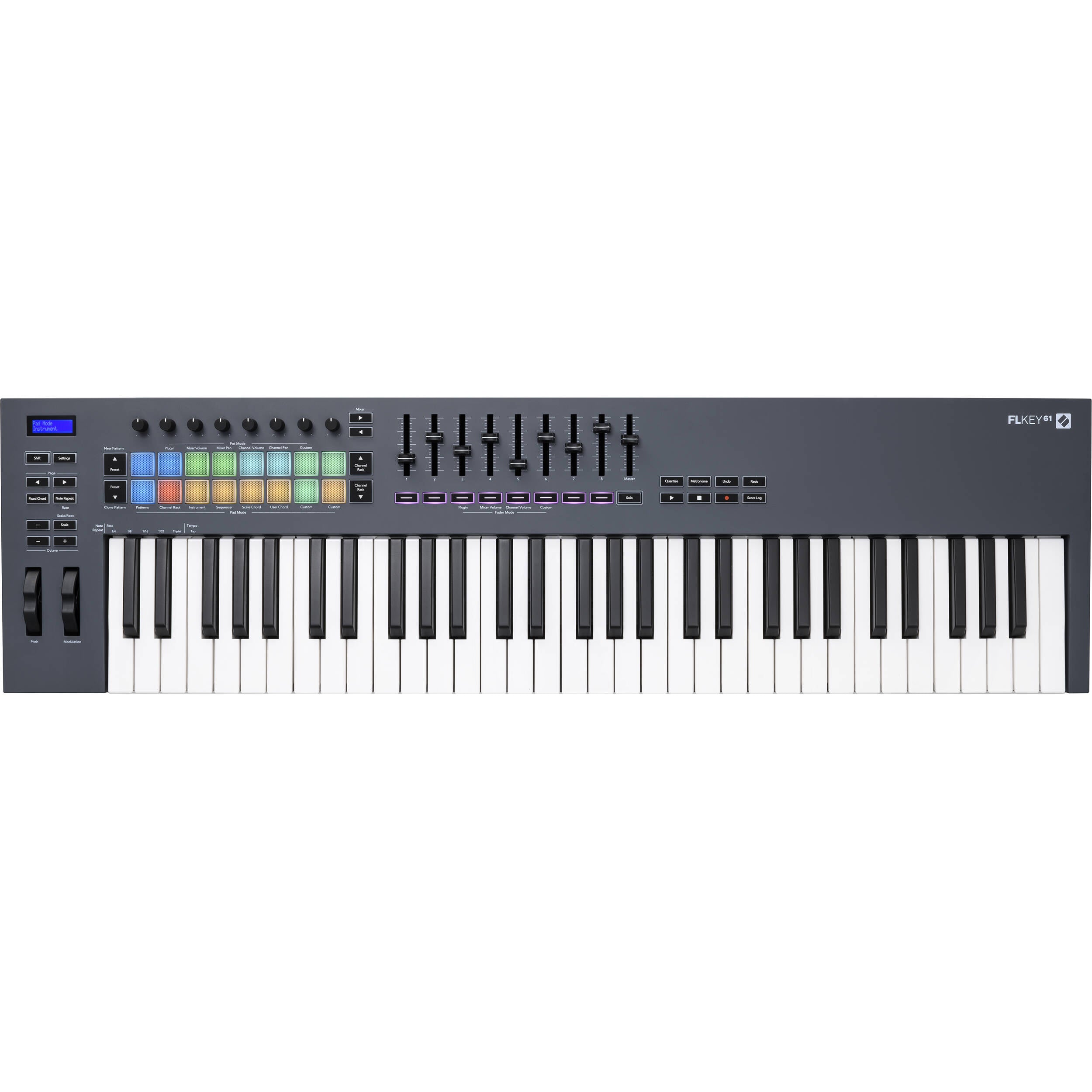 Novation FLkey 61 MIDI keyboard with black keys, control knobs, and pitch bend wheel, designed for music production.