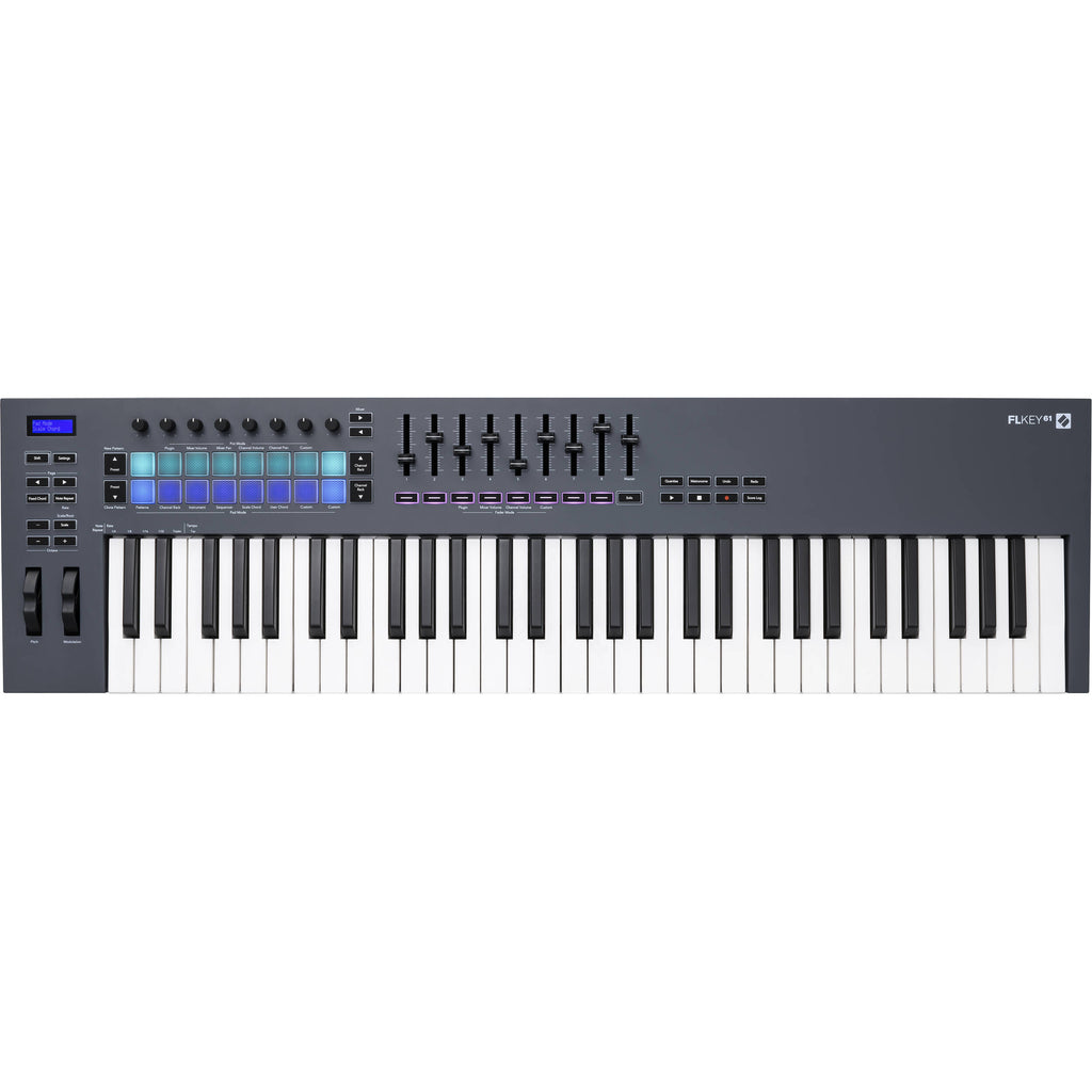 Novation FLkey 61 MIDI keyboard with black keys and control knobs, compact digital music controller for music production and performance.