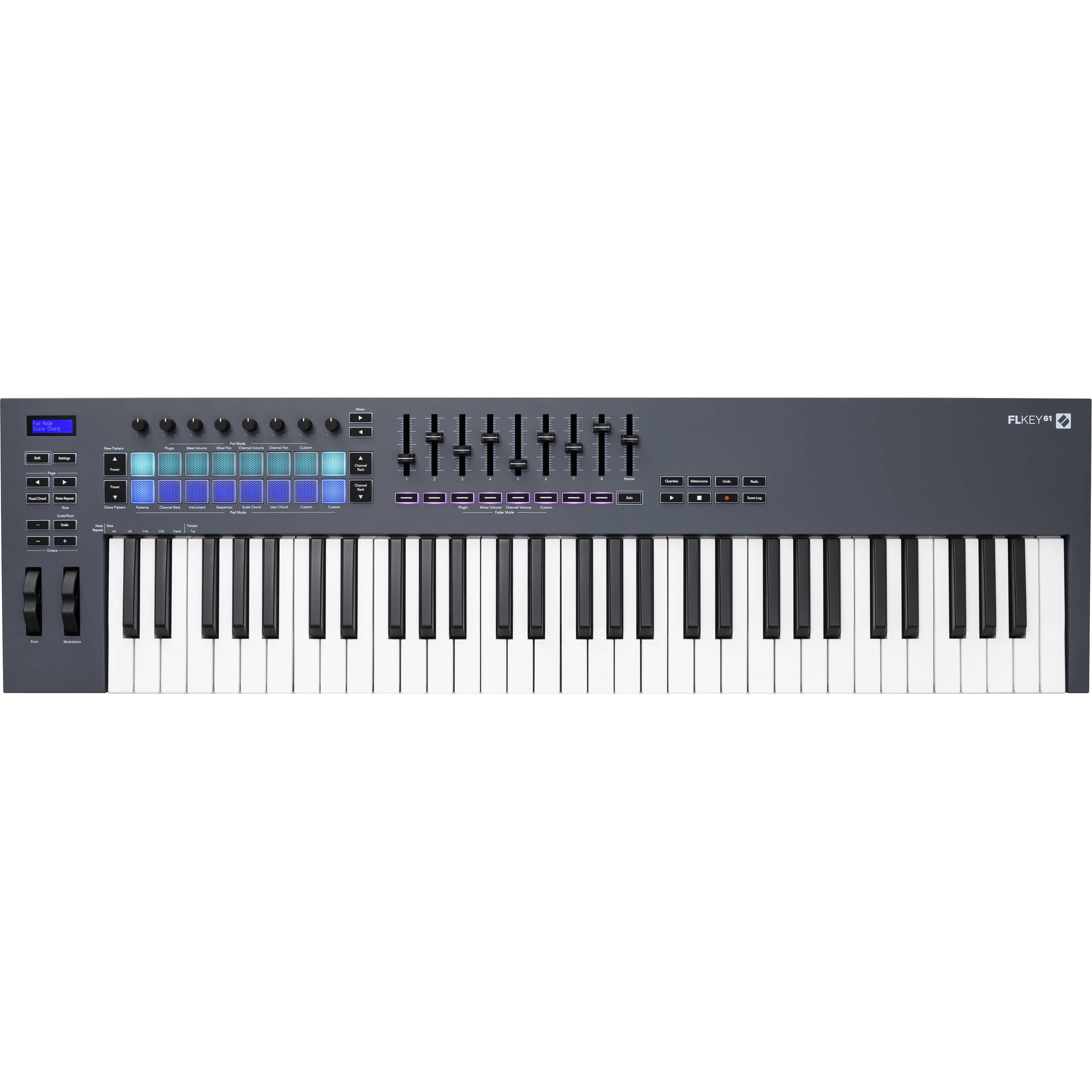 Novation FLkey 61 MIDI keyboard with black keys and control knobs, compact digital music controller for music production and performance.