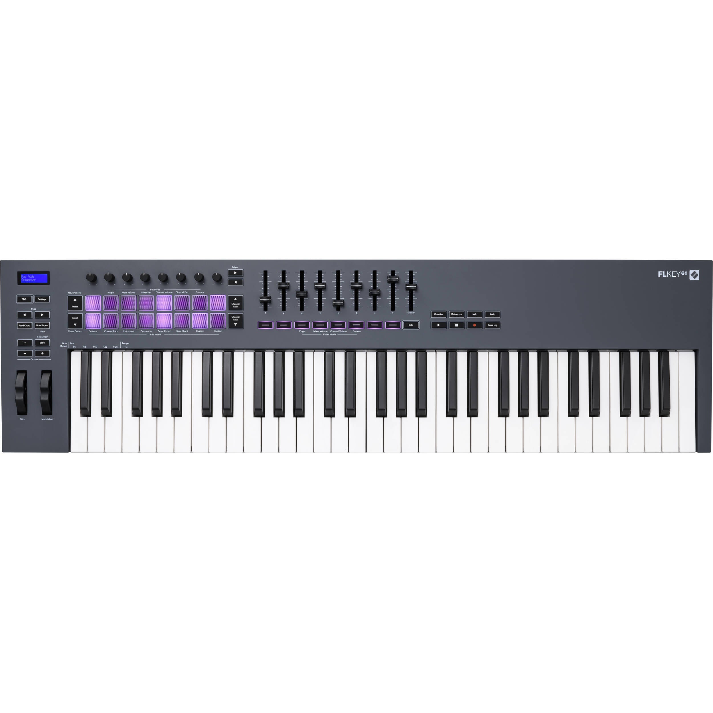 Novation FLkey 61 MIDI keyboard controller with backlit keys and control knobs, designed for music production and performance.