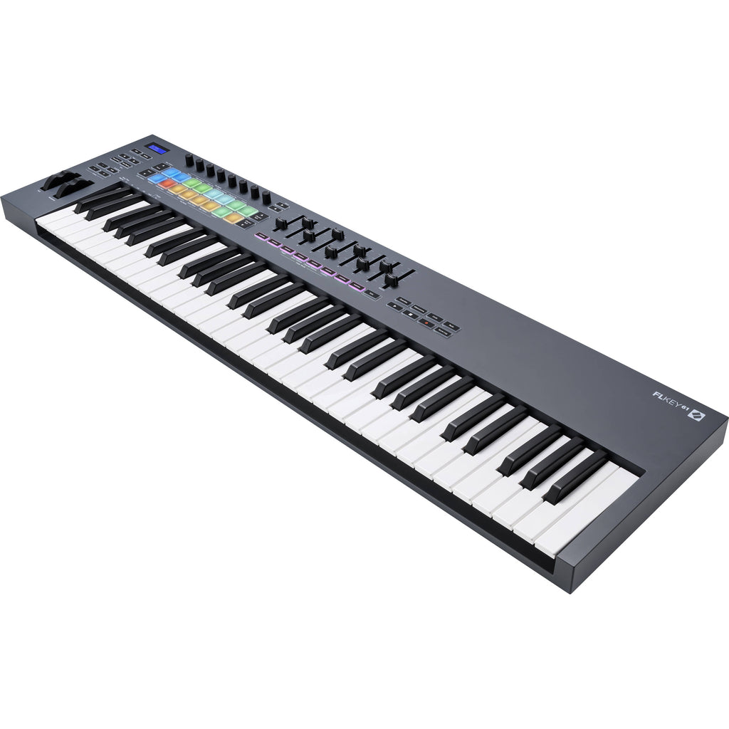 Novation FLkey 61 MIDI keyboard featuring black and white keys, control knobs, and a compact design for music production.