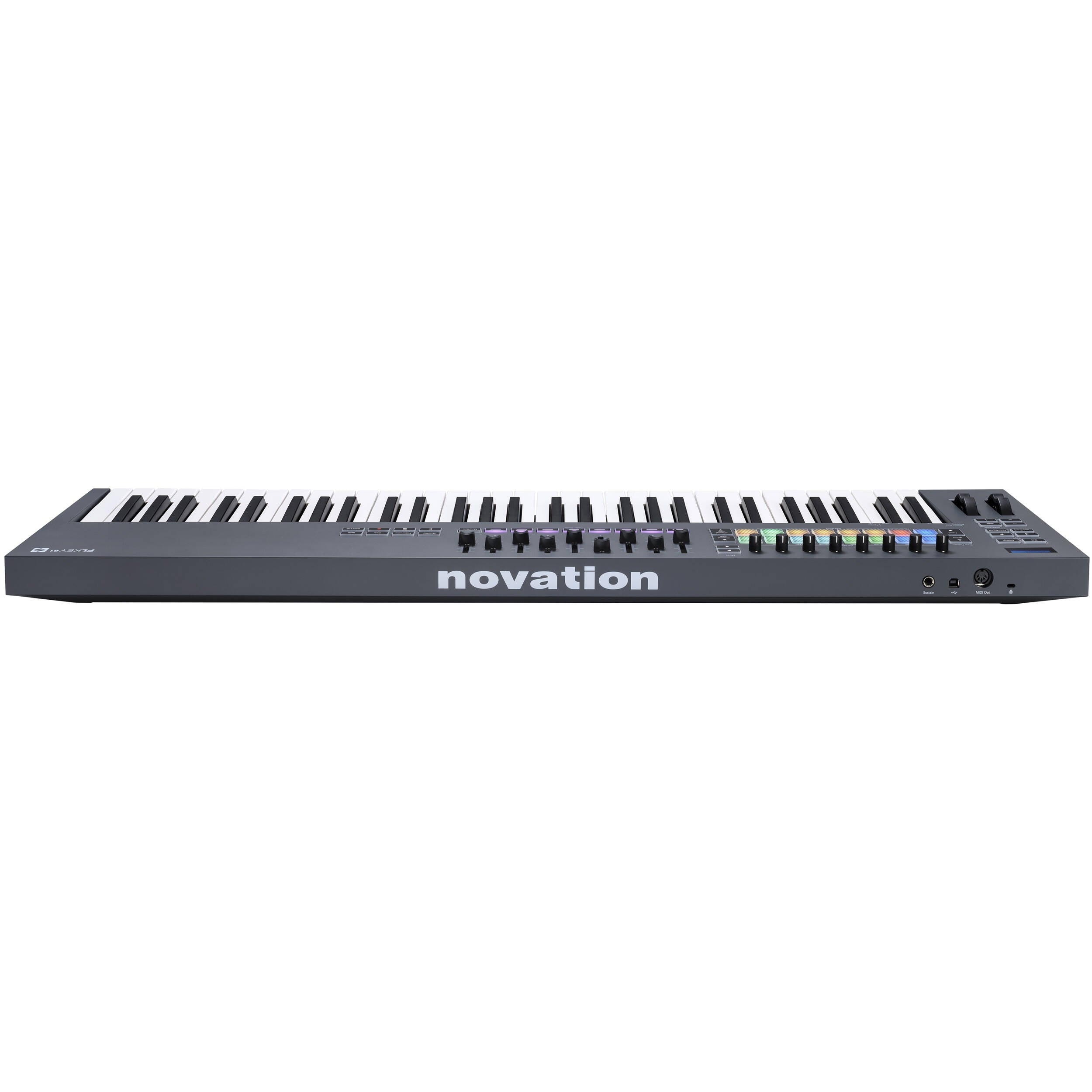 Novation FLkey 61 MIDI keyboard with black keys and control knobs, designed for music production and live performance.