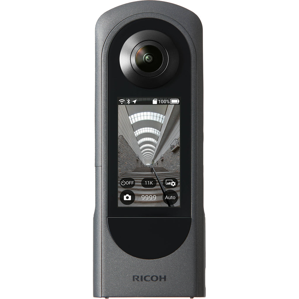 Ricoh Theta X 360-degree video camera with lens and controls, designed for capturing immersive 3D videos and images.