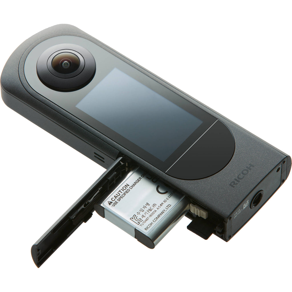 Ricoh Theta X 360-degree video camera showing front lens and controls, designed for capturing immersive 3D videos.
