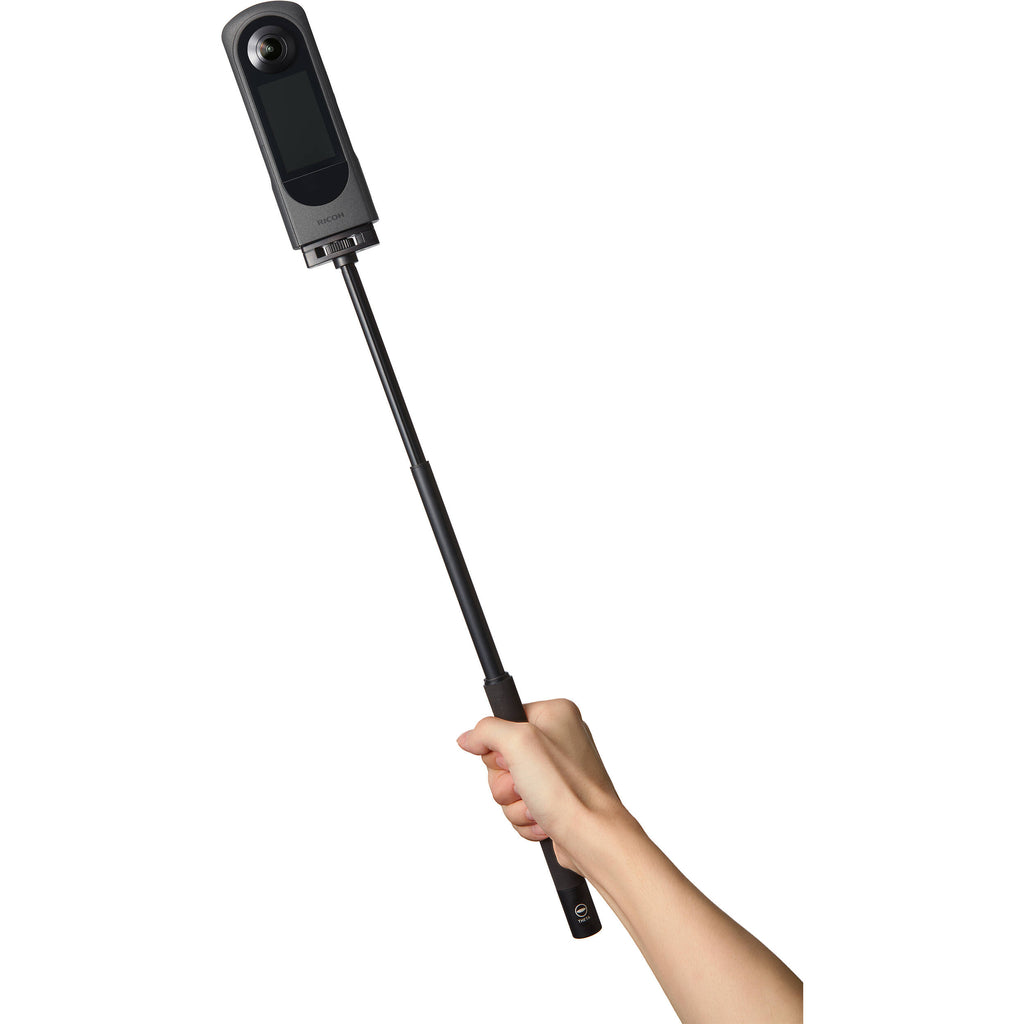 Ricoh Theta X 360-degree video camera with dual lenses and compact design, capturing immersive panoramic videos.