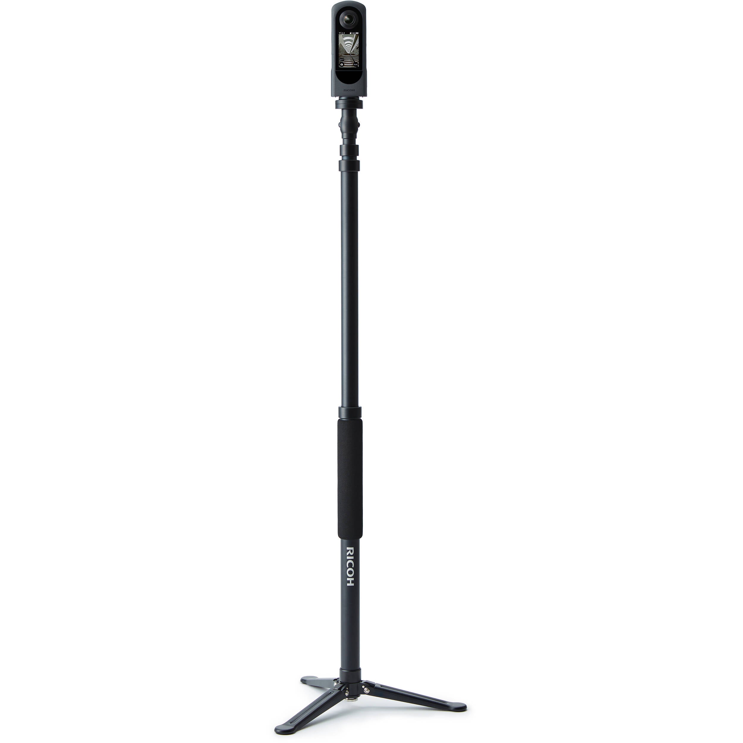 Ricoh Theta X 360-degree video camera showing front view with lens and controls, designed for immersive video recording.