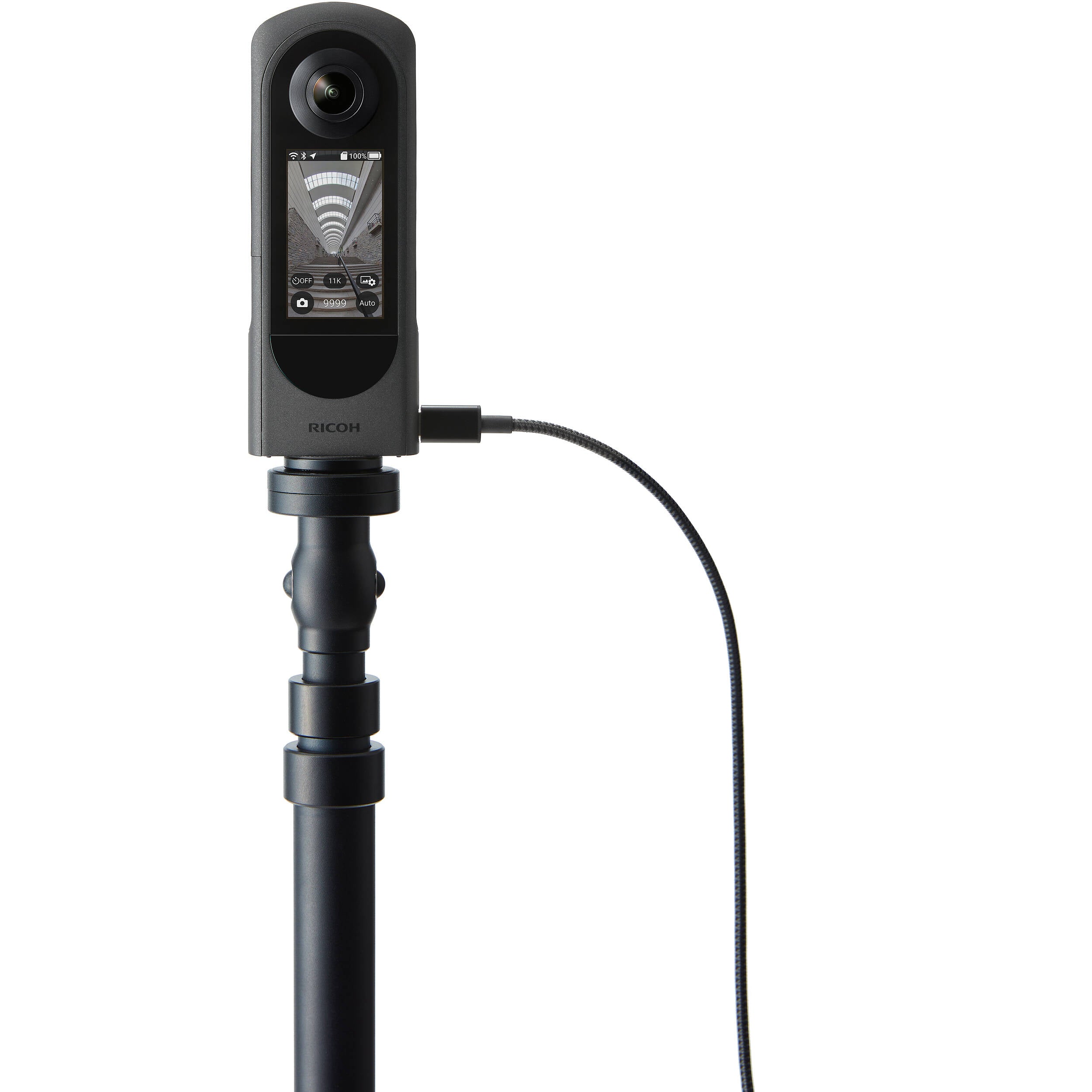 Ricoh Theta X 360-degree video camera with dual lenses and compact design for immersive virtual reality content.