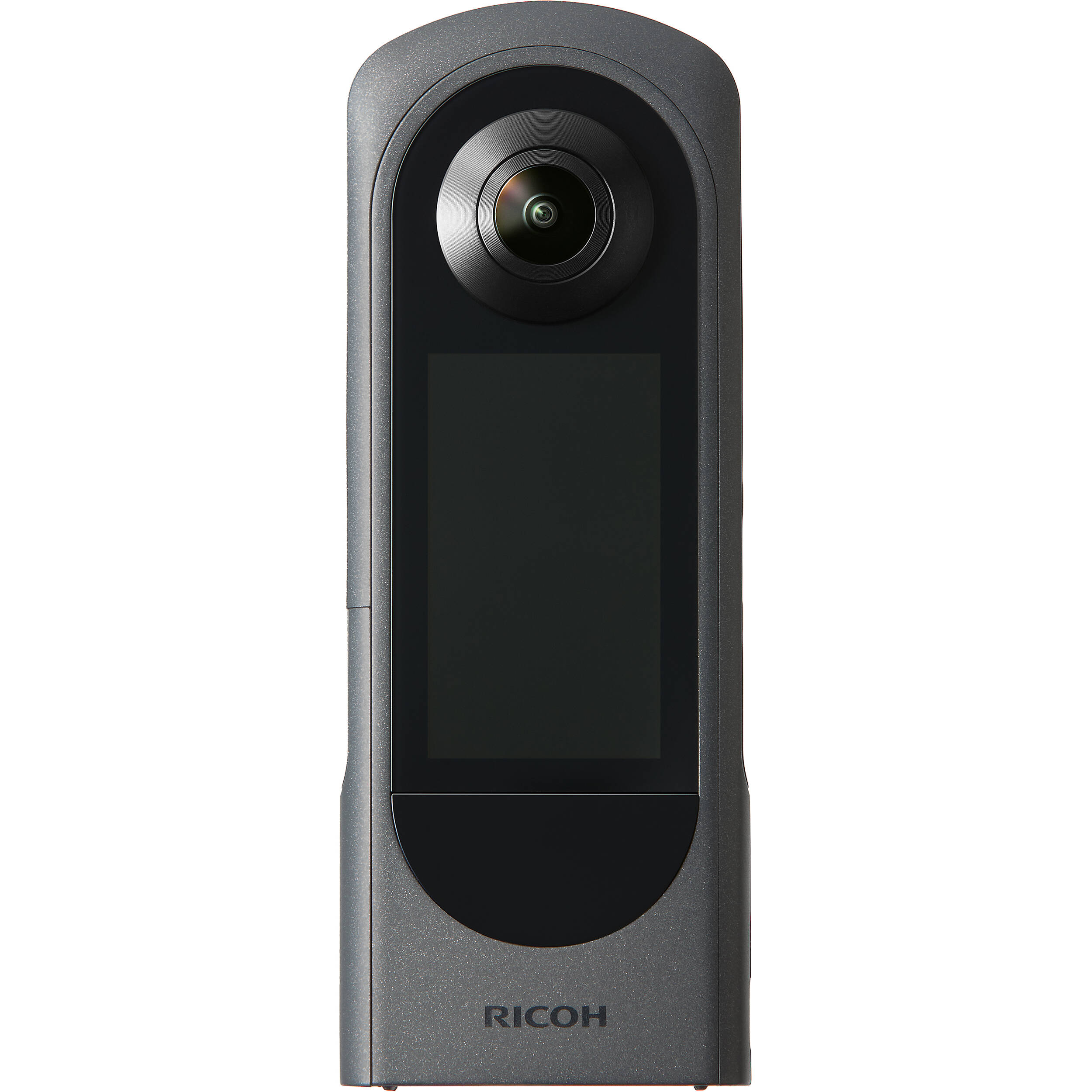 Ricoh Theta X 360-degree video camera with sleek black design and lens, suitable for high-quality immersive video recording.
