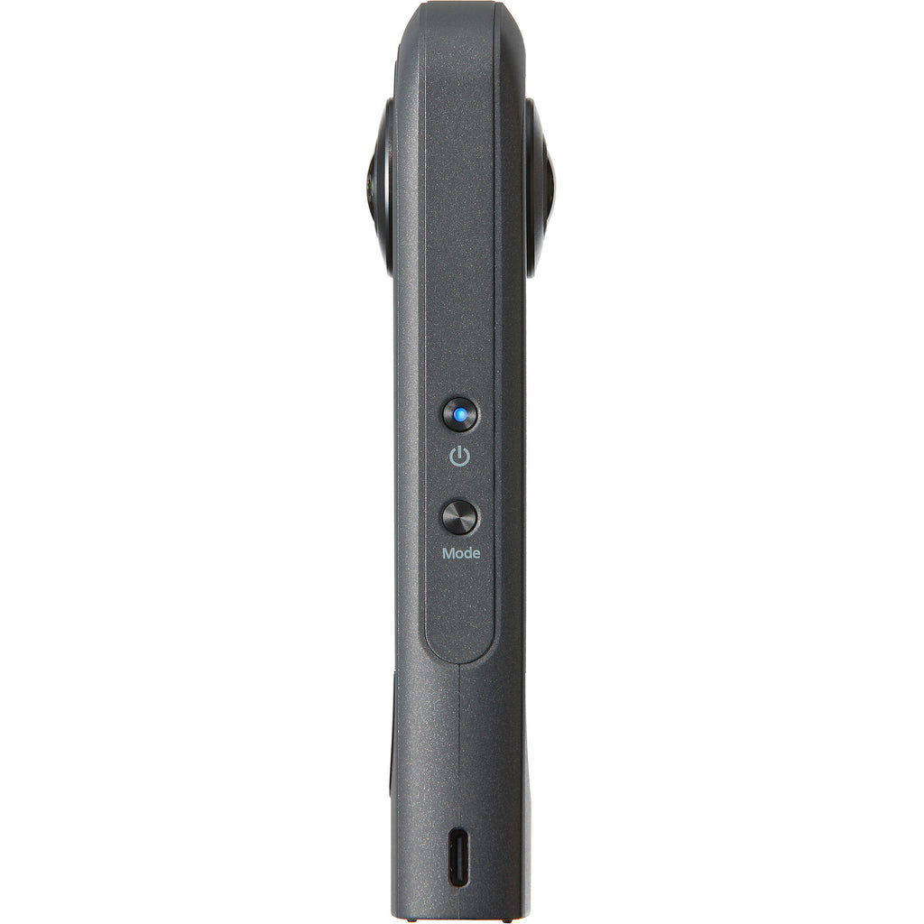 Ricoh Theta X 360-degree video camera with front view showcasing lens and compact design for immersive video recording.